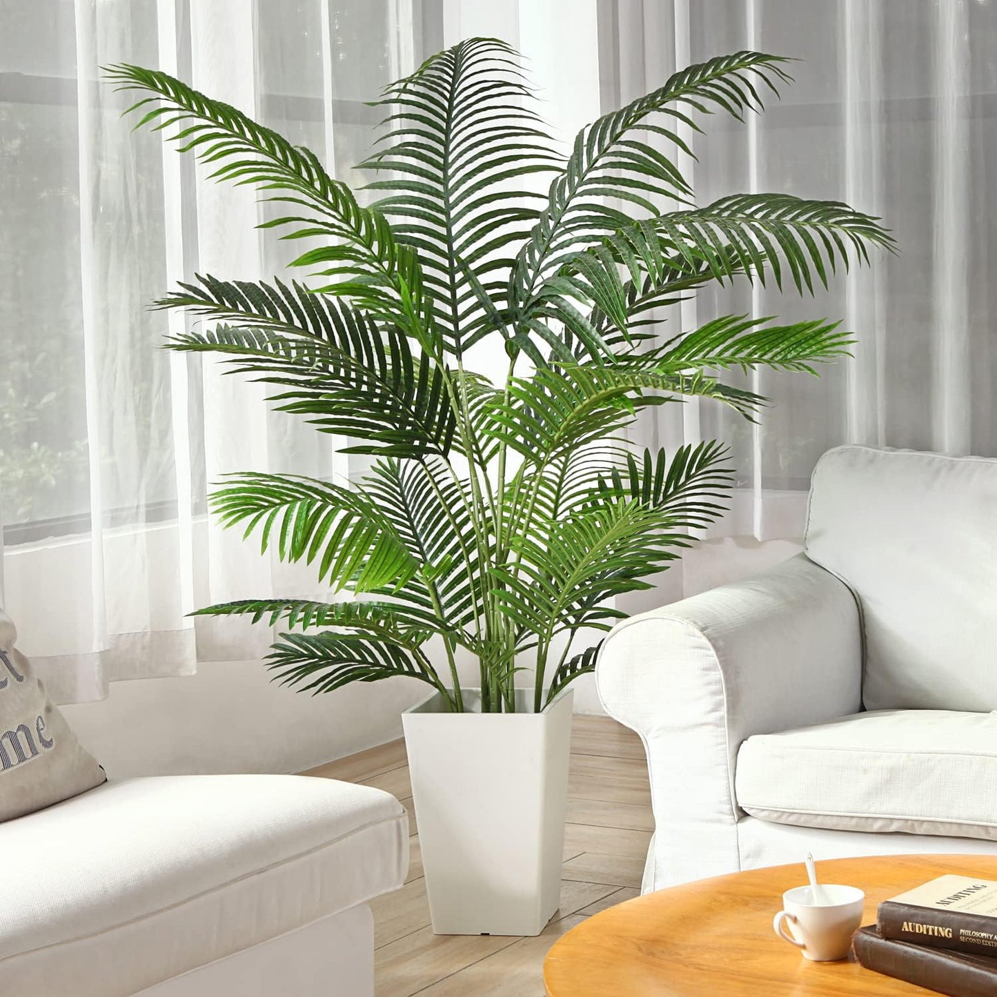 Fopamtri Artificial Areca Palm Tree 6 Foot UV Resistant Fake Palm Plant with 20 Trunks Potted Faux Tree for Indoor or Outdoor Decoration Silk Dypsis Lutescens Plants for Home Office, Set of 2