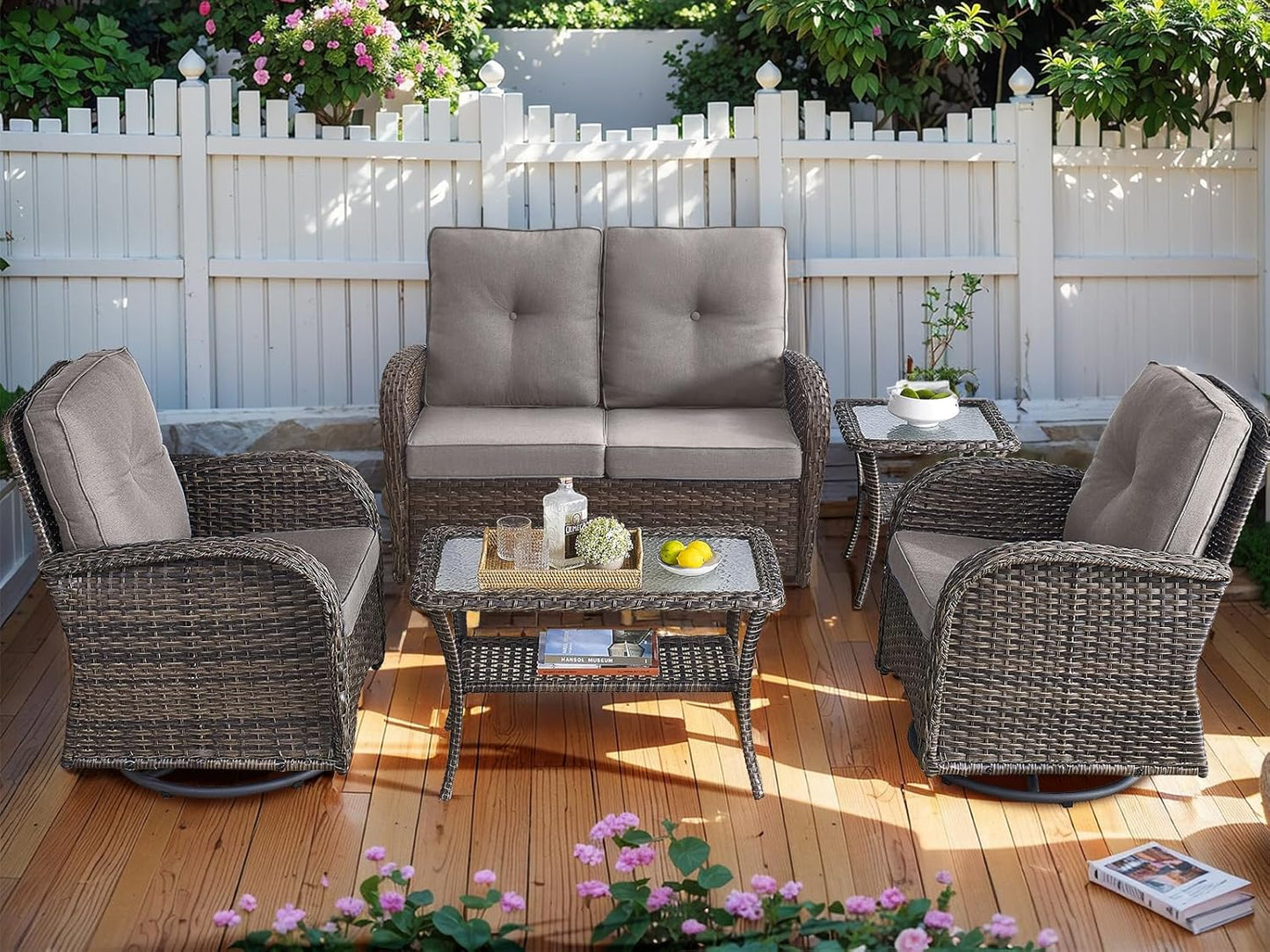 HUMMUH 5-Piece Patio Furniture PE Wicker Outdoor Conversation Set,All-Weather Rattan Swivel Chairs Outdoor Glider Couch for Backyard,Poolside,Deck