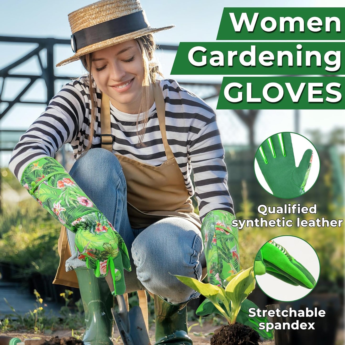 HANDLANDY Women Gardening Gloves, Thorn Proof Breathable Ladies Rose Pruning Long Gauntlet Floral Print Garden Yard Gloves, Gift for Gardeners (Green, L)