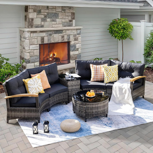 6 Piece Outdoor Patio Furniture Set, Half-Moon Curved Sectional Set with Wood Armrests, Patio Conversation Set, Tempered Glass Coffee & Side Tables (Grey)
