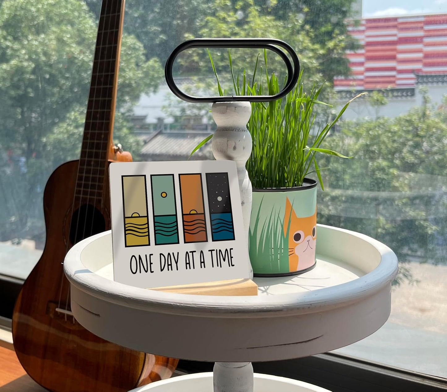 Primitive Wooden Sign, One Day at A Time, Desk Plaque with Wooden Stand 4 x 4.3 inches, Modern Decoration, Farmhouse Table Plaque Signs, Rustic Home Decor Plaque, Inspirational Sign, Uplifting Gift B