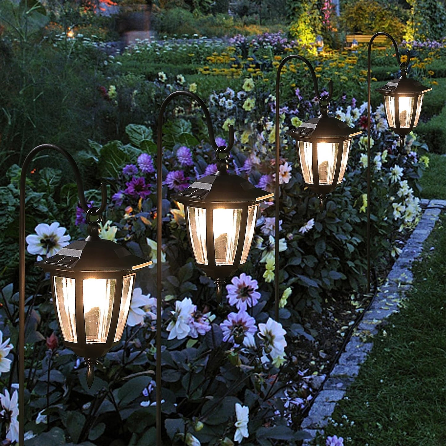 Dynaming 4 Pack Solar Hanging Lights Outdoor, Solar Powered Garden Decorative Lanterns with 4 x 38 Inch Shepherd Hooks, Waterproof Landscape Lighting for Lawn Patio Yard Pathway Driveway, Warm White