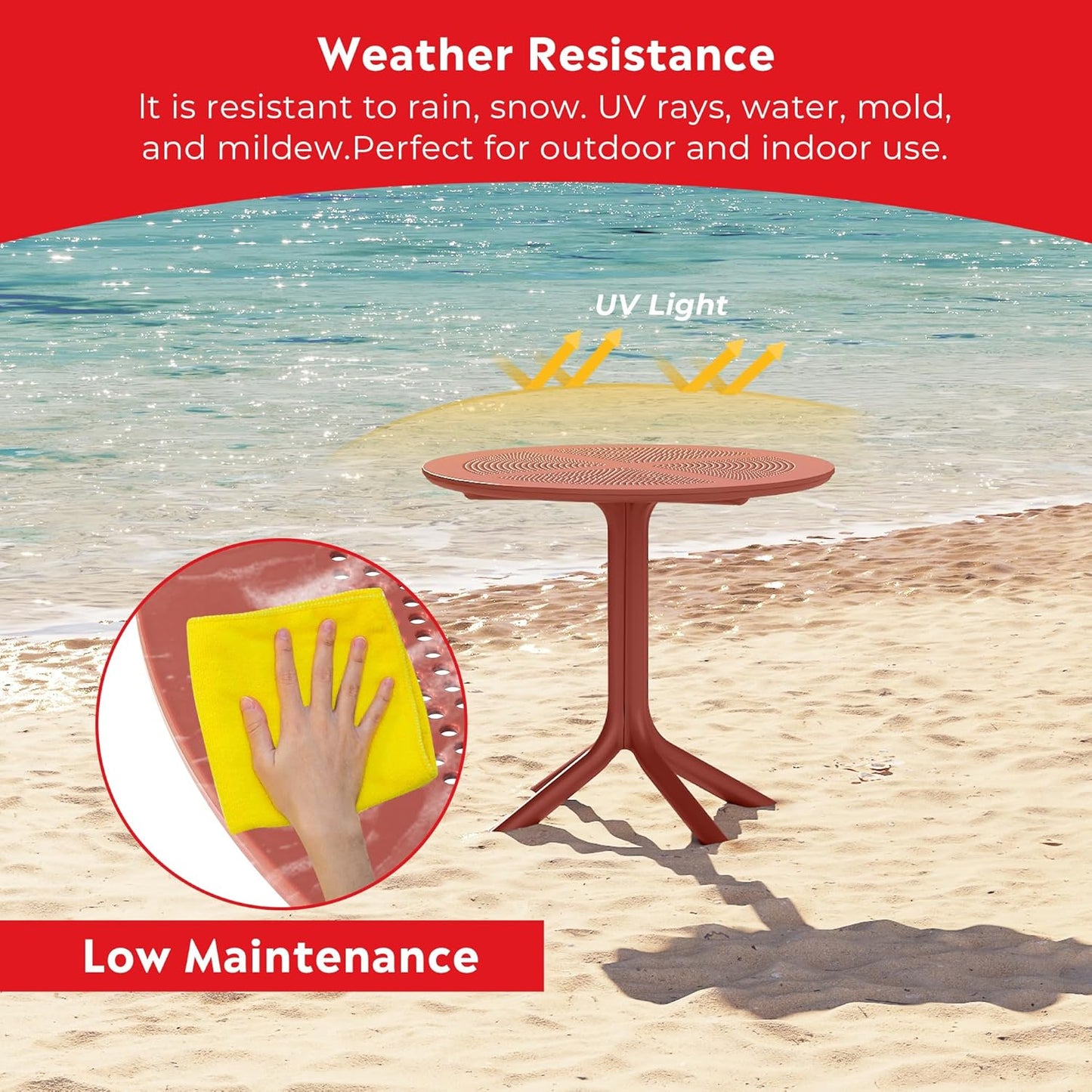 Dining Table Set for 4, HDPE Patio Round Dining Table and Stackable Chair, Kitchen & Dining Room Sets All Weather for Backyard Porch Poolside, Red