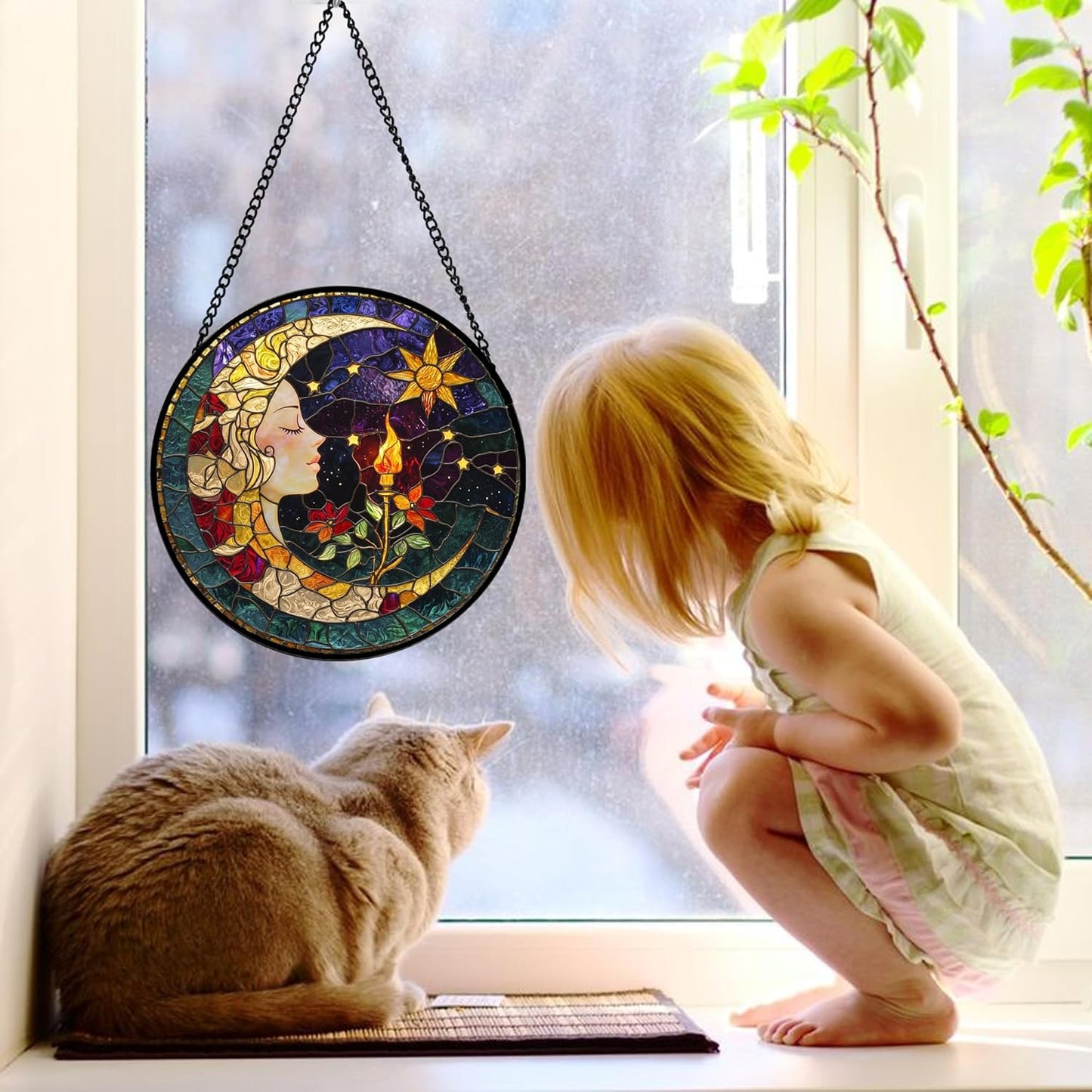 Stained Glass Window Hanging, Moon Goddess Torch Suncatcher Diamond Glass Panel Hangings Dream Sun Catchers Decor for Birthday for Women, Men, Wife, Aunt, and Mom 7.8 in