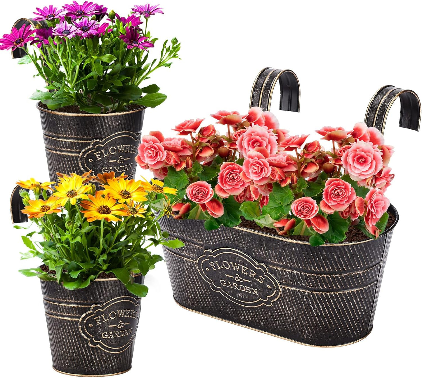 PerGar Vintage Metal Iron Wall Hanging Flower Pots, Rustic Planter Bucket Herb Flower Plant Holder with Detachable Hooks & Drainage Hole for Railing Fence Balcony Deck Garden Home Decoration, Set of 3