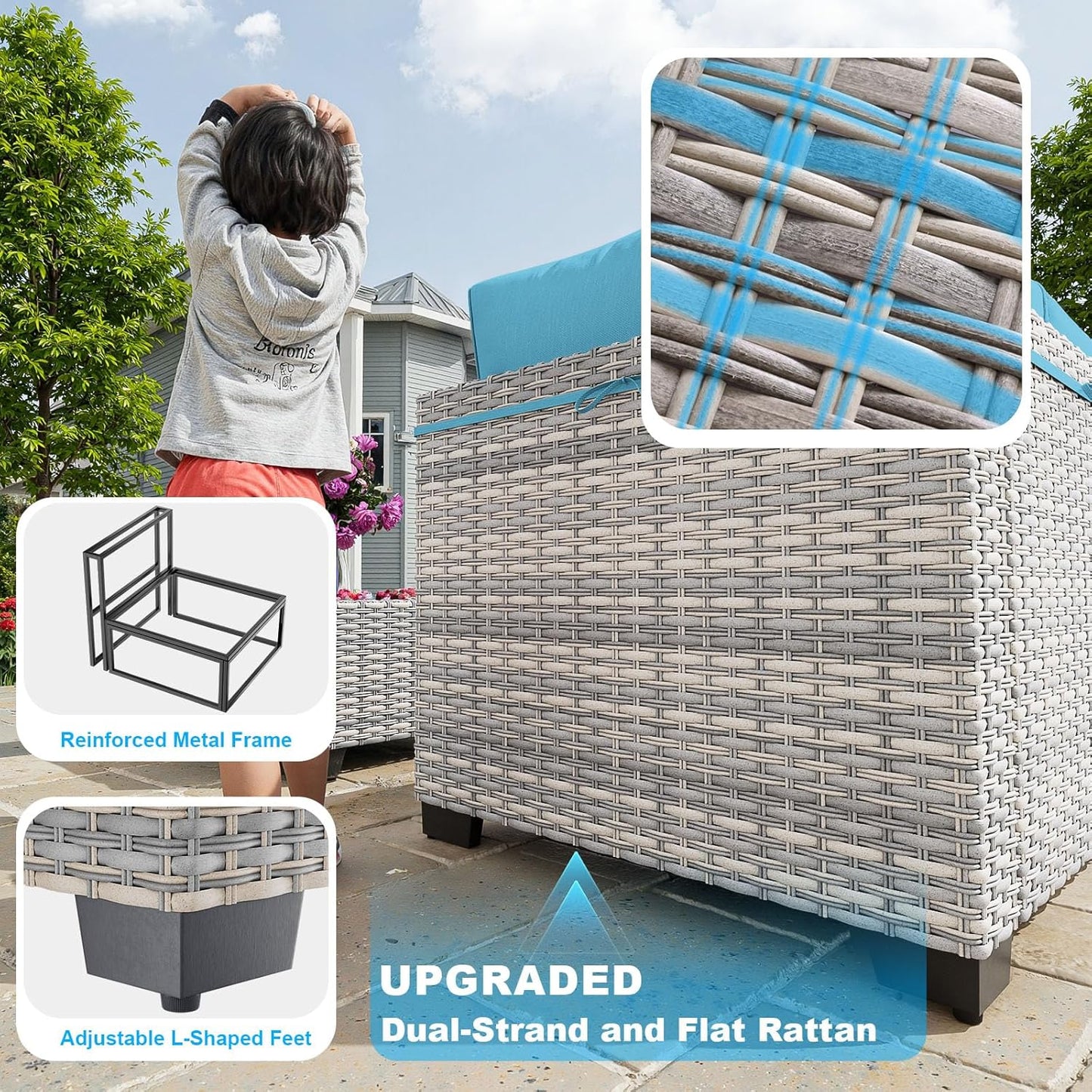 12-Piece Patio Furniture Set, Outdoor Patio Furniture with Swivel Chairs Set, Ottomans, Modular Patio Sofa, Dual-Strand Wicker Rattan, Rust-Resistant Frame, Lake Blue