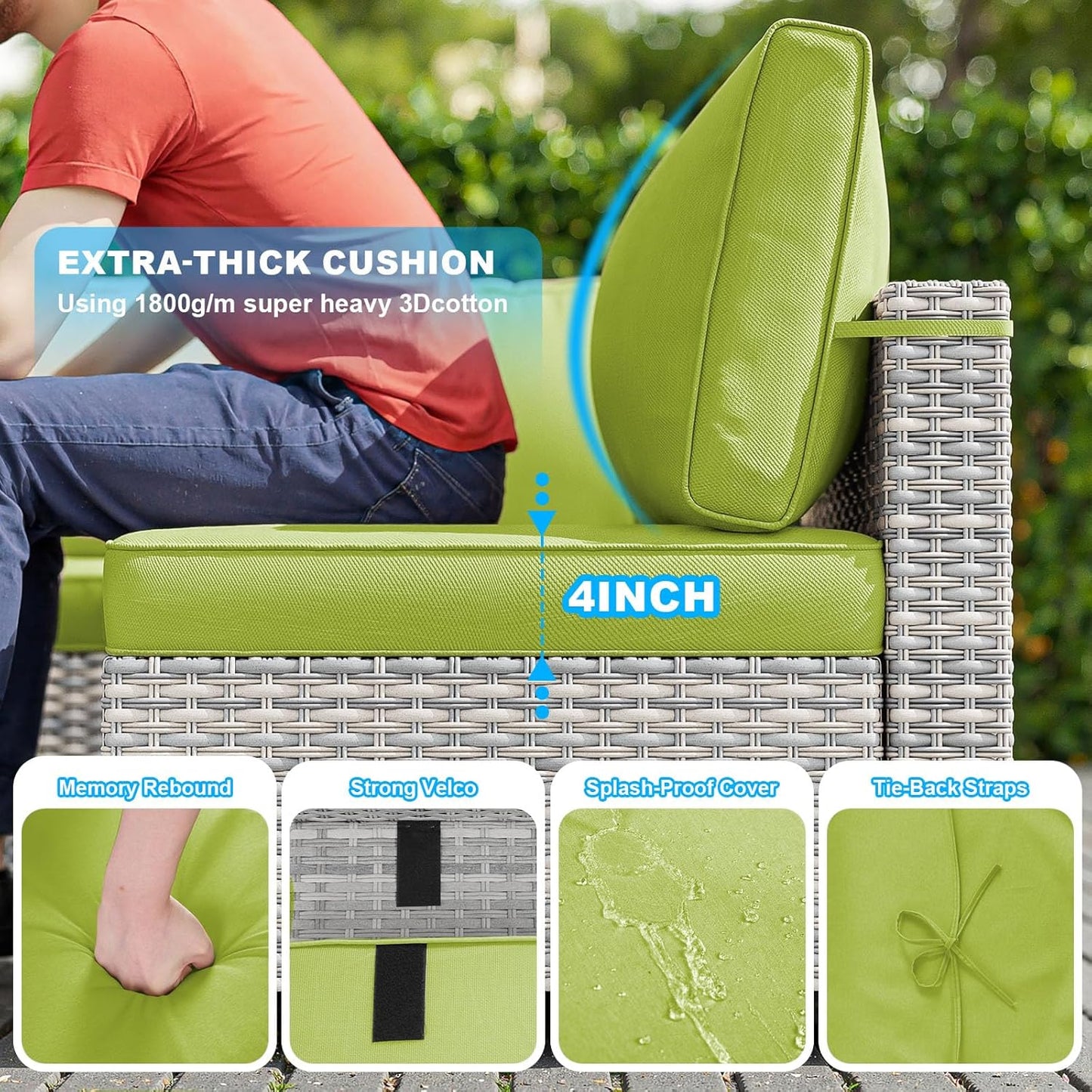 15-Piece Patio Furniture Set, Outdoor Patio Furniture with 55,000 BTU Fire Pit Table, Thick Cushions, Modular Patio Sofa, Dual-Strand Wicker Rattan, Rust-Resistant Frame, Grass Green