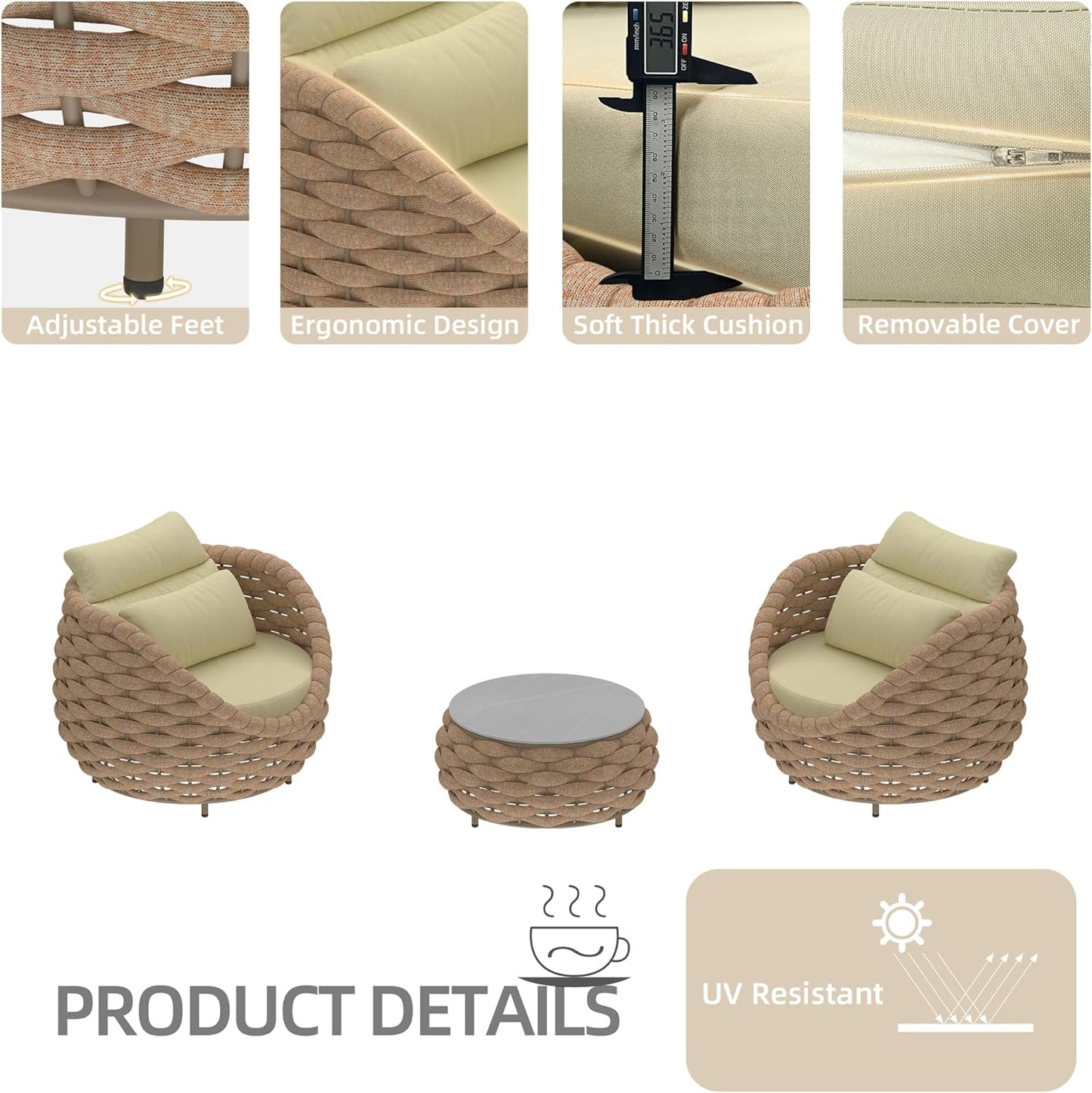 TWT 3 Pieces Aluminum Patio Furniture Set Quick Drying Textilene Rope Outdoor Sofa Set w/Washable Cushion and Rock Slab Tabletop, Conversation Furniture for Livingroom Poolside Balcony (Khaki)