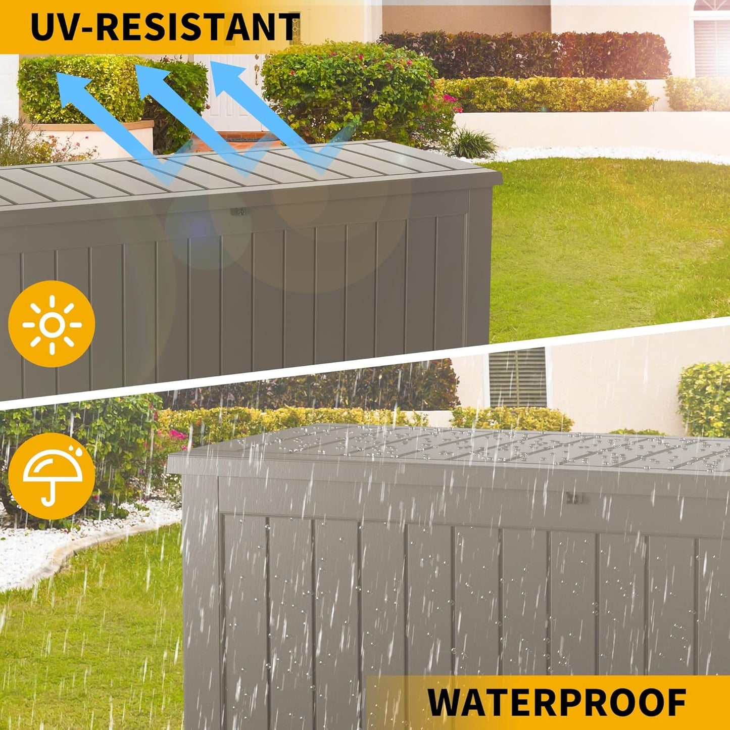 200 Gallon Resin Deck Box, Waterproof Outdoor Storage Bin for Patio Furniture, Pool Accessories, and Garden Tools, Lockable & UV-Resistant, Grey