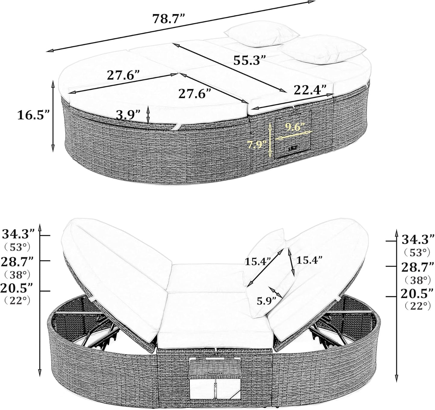 kevinplus Outdoor Daybed Patio Sunbed with Adjustable Backrests and Foldable Cupholder, Rattan Outdoor Garden Daybed Sunbed Reclining Chaise Lounge for Poolside Balcony, Gray