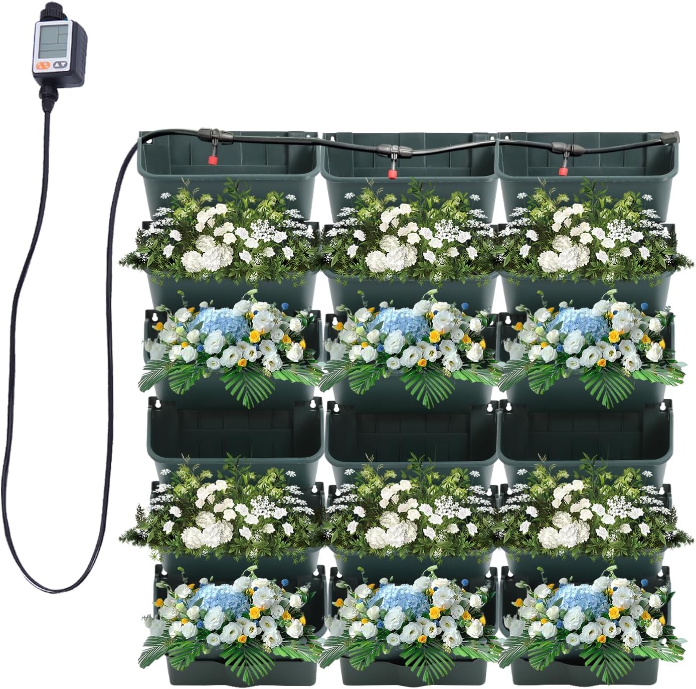 Self-Watering Wall-Mounted Planter, Vertical Wall Planter 18 Pots Vertical Living Wall Planter Indoor Plant Grow Pots w/Timer&Long Hose, Plant Flower Pot Holder for Flowers Vegetables (Green)