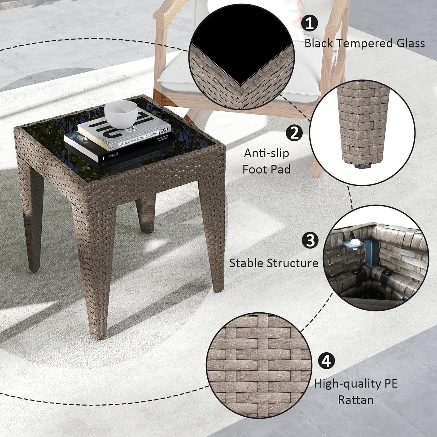Outdoor Small Patio Table - PE Rattan Coffee Table, Wicker Side Table for Patio, Balcony & Porch, Durable & Iron Frame (2, Rattan Sesame)