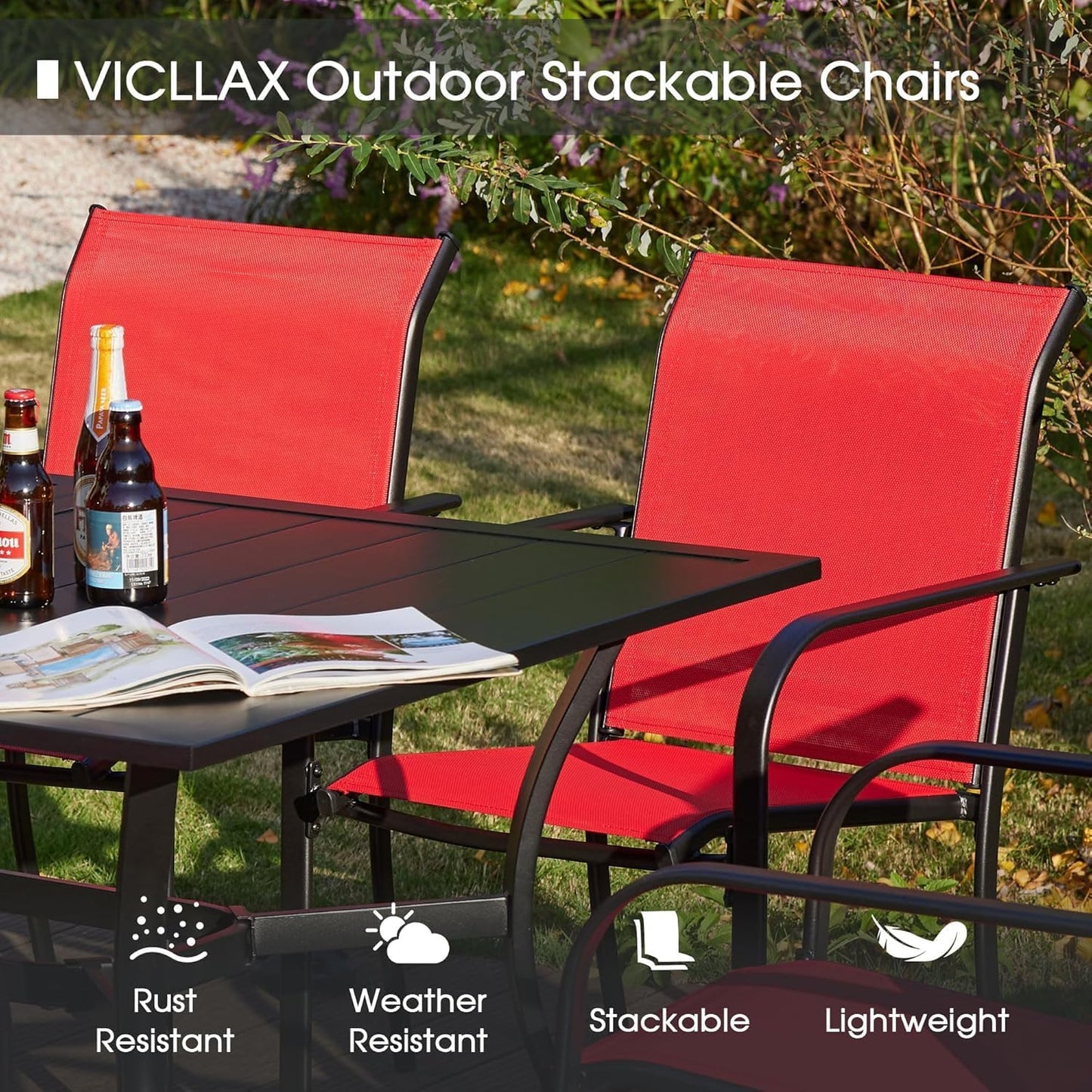 VICLLAX 5 Pieces Patio Dining Set for 4, Outdoor Furniture Set Includes 40.7" Round Patio Table and 4 Patio Stackable Chairs, Black Tabletop and Red Fabric