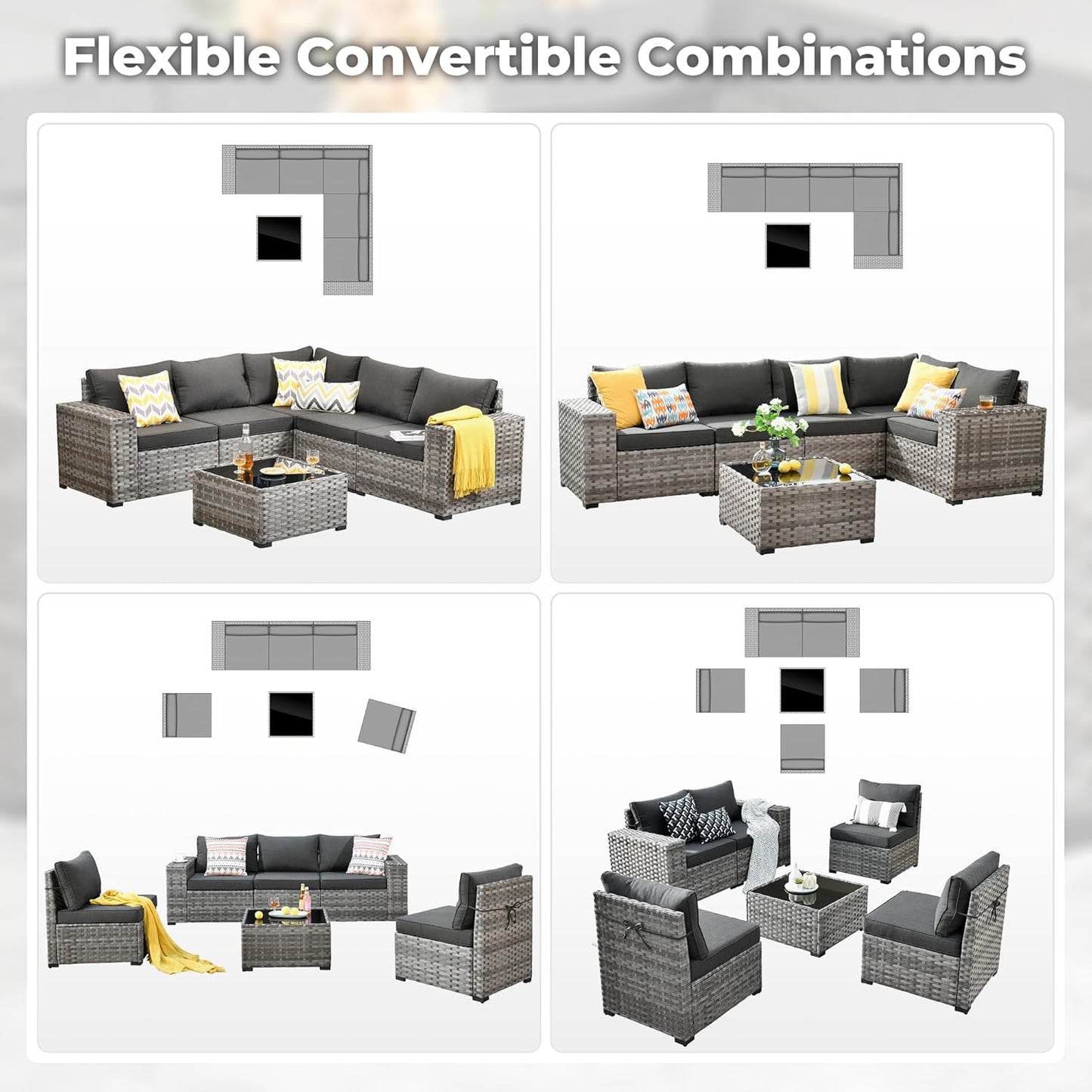 ovios 6 Pieces Patio Furniture Set, Outdoor Wicker Sectional Sofa with Glass Table Comfy Cushions, Modern Modular Deep Seat Couch Rattan Conversation Set, Black