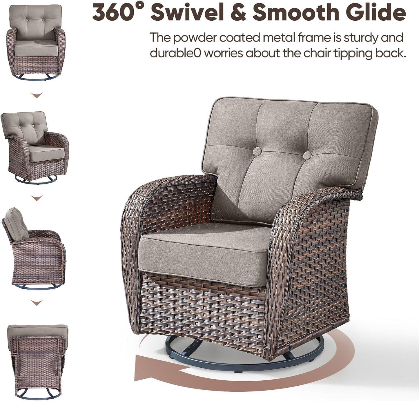 5-Piece Rotating Balcony Chair Set with 31-inch T-Shaped Wide backrest - Rattan Outdoor Rotating Balcony Chairs, Wide backrest Comfortable Outdoor Sliding Chair - Brown | Grey