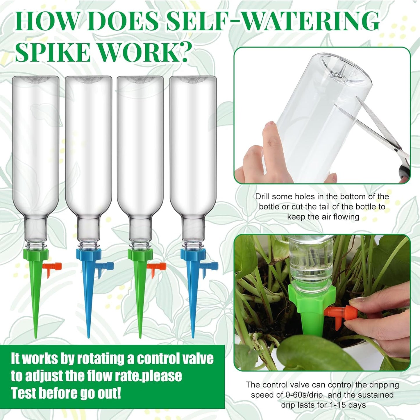 8 Set Plant Watering Devices with Self Watering Spikes and 26 oz Plastic Bottles Plant Waterer Devices with Adjustable Control Valve Switch Indoor Outdoor (Clear)