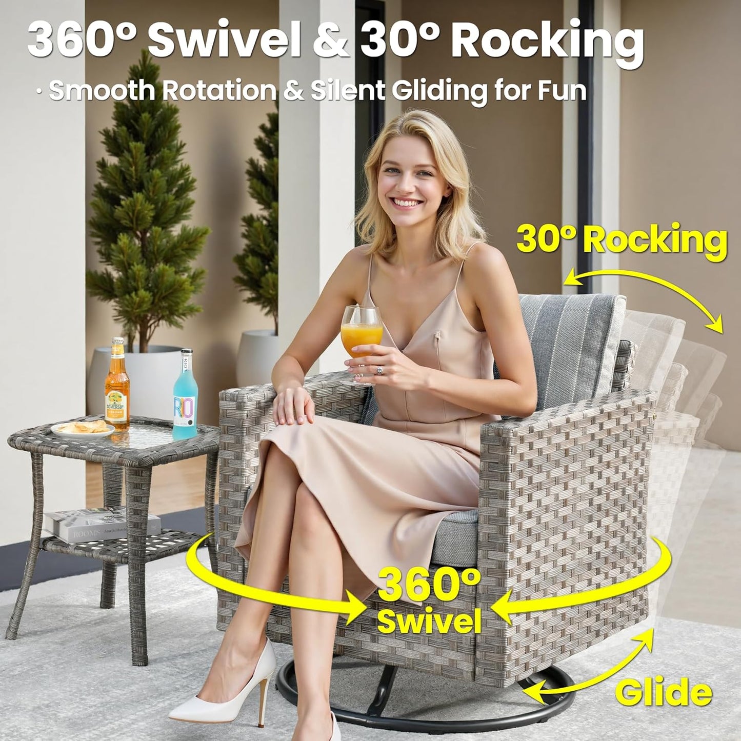 ovios 8 Pieces Patio Furniture Set, Outdoor Wicker Sectional Sofa with Swivel Chair Coffee Table, Modern Modular Deep Seat Rattan Couch Conversation Sets, Dark Gray Stripe