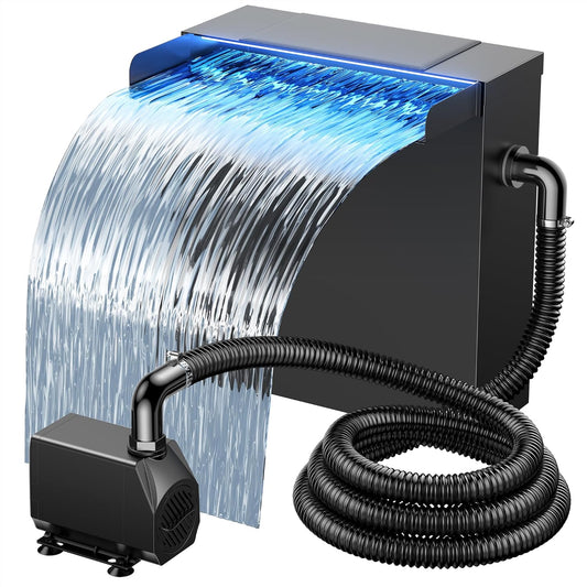 NFESOLAR Pond Waterfall Spillway with Pump Kit, Large 11.8" W 13.4" H Capacity Stainless Pond Waterfall Box with Filtration, LED Lights for Garden Outdoor Pond up to 2000 Gallons N4313