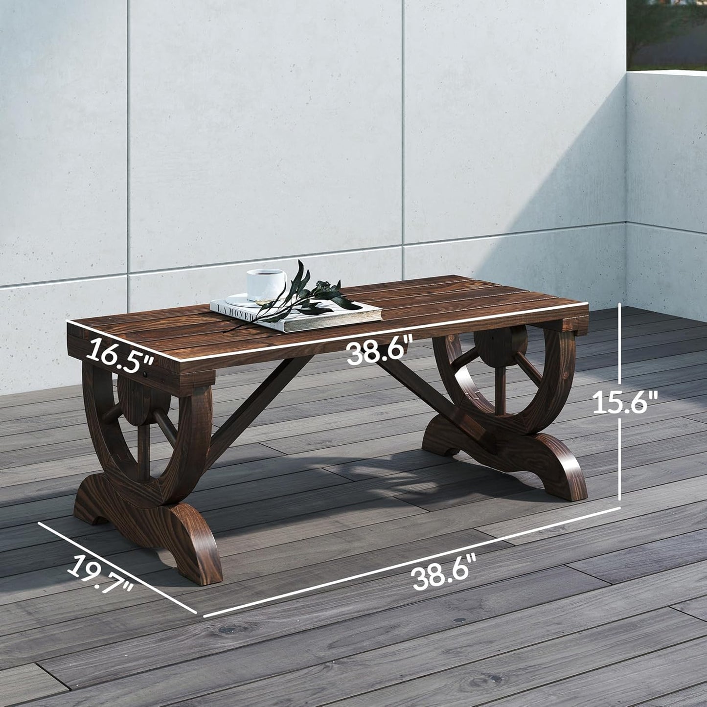 Outsunny 2-Person Wooden Garden Bench, Outdoor Wagon Wheel Porch Bench for Backyard Garden, Support 550 LBS, Rustic Country Style Patio Furniture, Brown