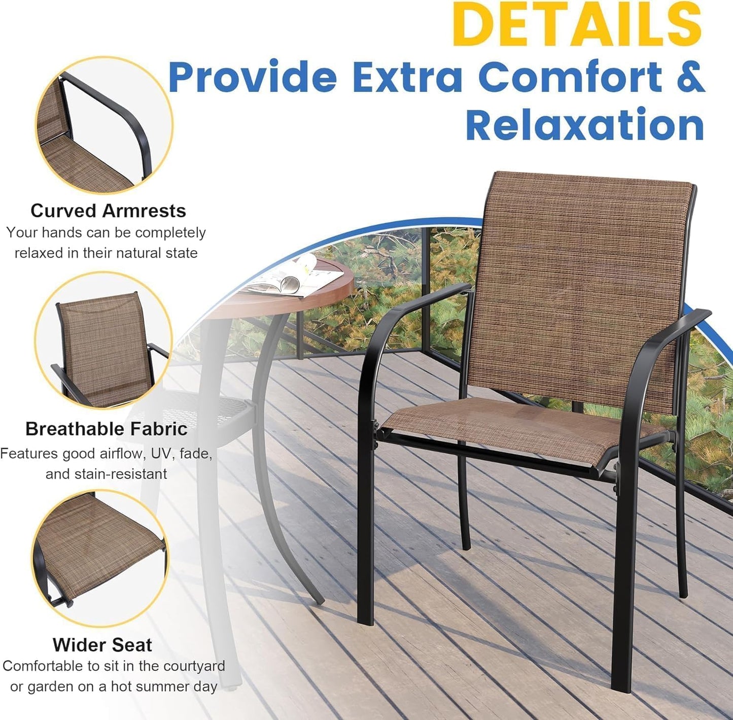VICLLAX 5 Pieces Patio Dining Set for 4, Outdoor Furniture Set Includes 40.7" Round Patio Table and 4 Patio Stackable Chairs, Walnut Tabletop and Brown Fabric