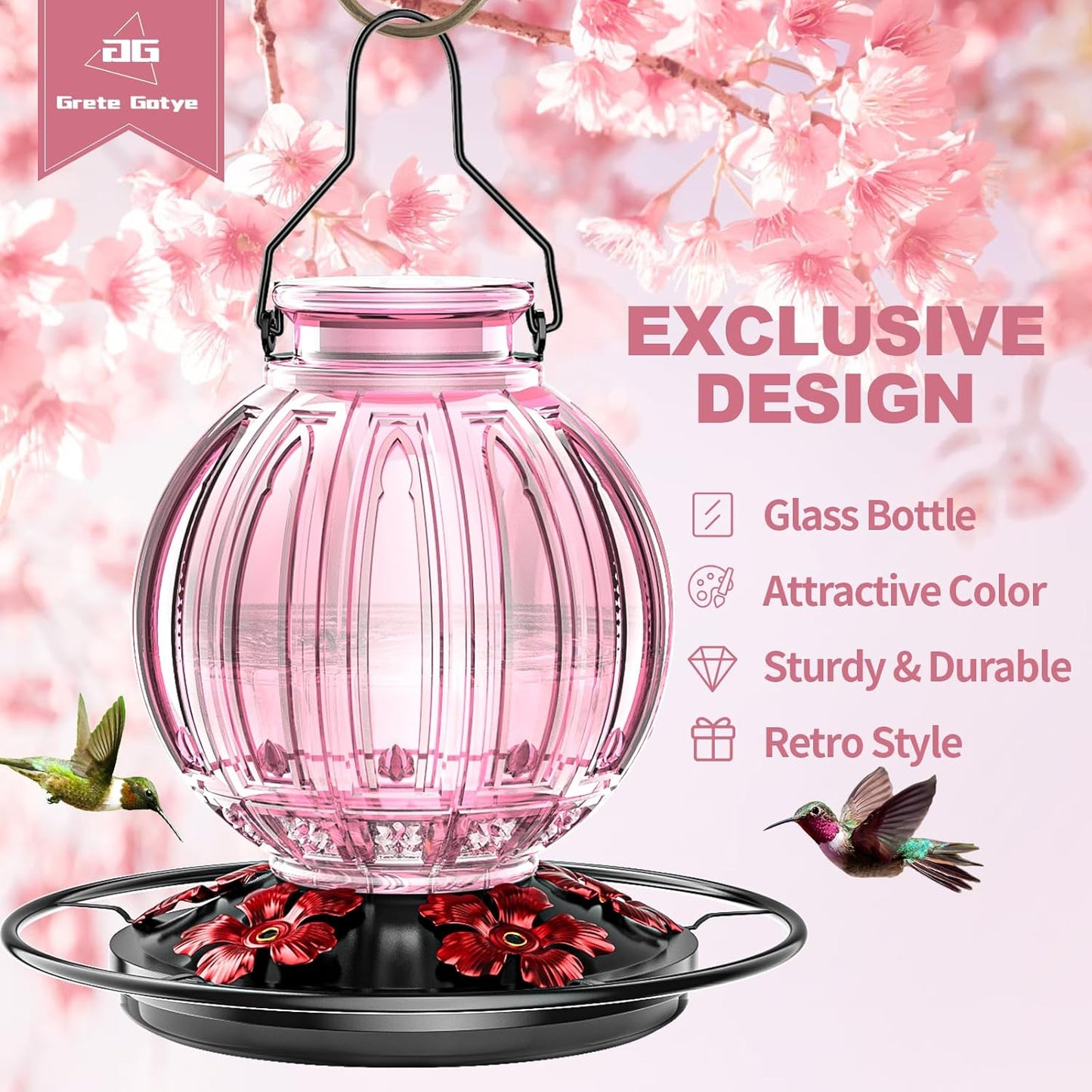 2 Pack Glass Hummingbird Feeder for Outdoors Hanging, Bird Nectar Feeder with Perch & 5 Flower Feeding Ports, 26 Oz Leak Proof for Outside Garden Decor Backyard, Gifts for Women Mom, Red & Pink