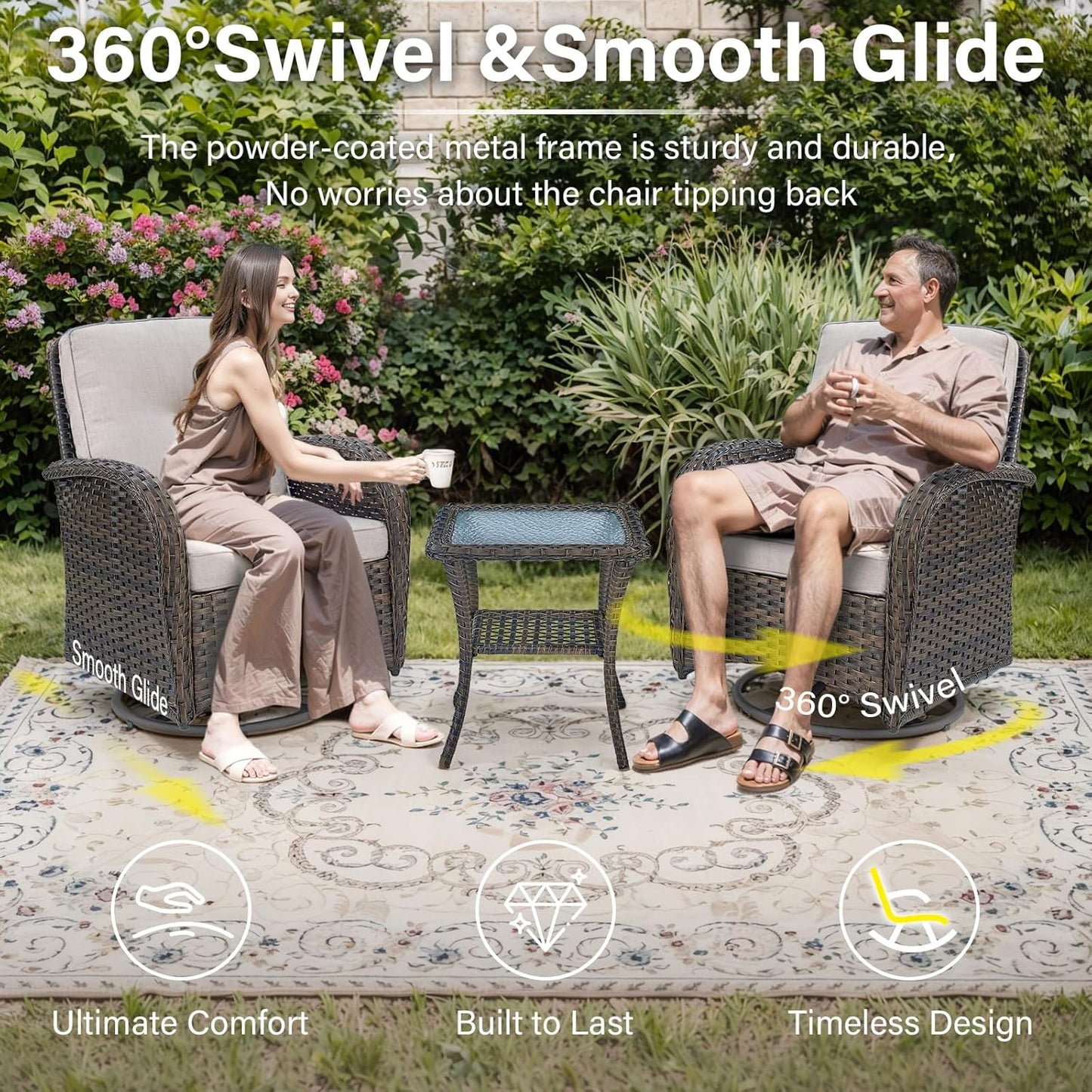 Expansive 10 Pieces Outdoor Patio Furniture Set with 43” Propane Fire Pit Table, Patio Conversation Set with Swivel Rocker Outdoor Chairs Set of 4 and Sofa, Ottoman and Wicker Side Table Brown
