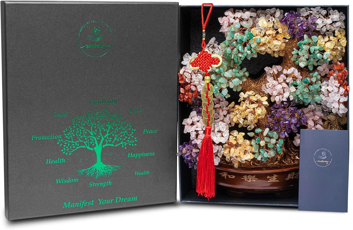 Natural Rose Quartz Tree Large,14" Chakra Crystal Tree(1,251 Gemstone Count) w/Lucky Coins Chain Healing Properties - Bonsai Feng Shui Money Tree for Love Self Care Home Office Decoration