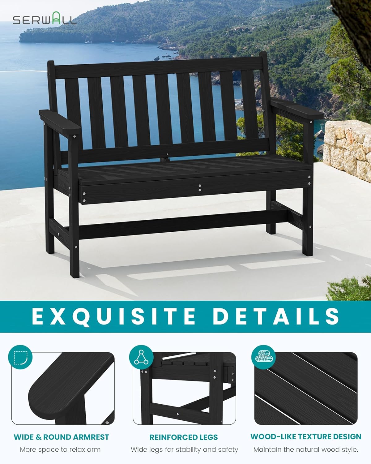 SERWALL Outdoor Bench, HDPE Outdoor Benches Weatherproof, 2-Person Garden Bench with 660 lbs Weight Capacity, Patio Benches for Outdoors, Garden, Porch, Backyard and Park, Black, 2 Pack