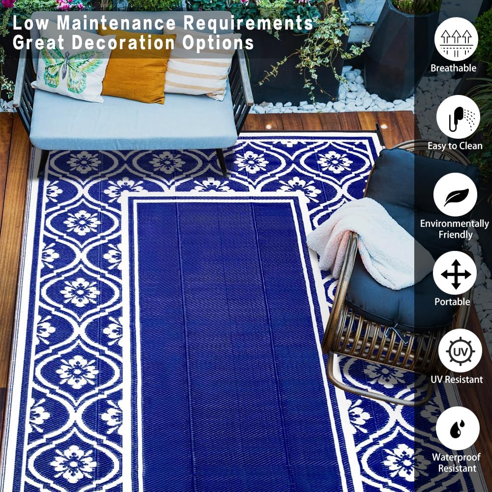 Outdoor Rug 8x10 Patio Waterproof Mat Camping Carpet Outside Area Rug Reversible Light Blue Rugs for RV Deck Entryance Porch Picnic Balcony Beach