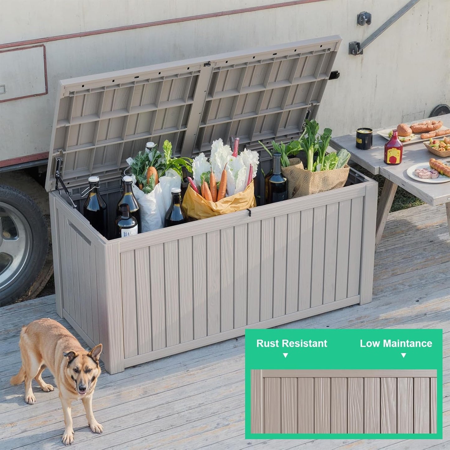 180 Gallon Outdoor Storage Box – Waterproof Deck Box for Garden & Patio,Light Brown