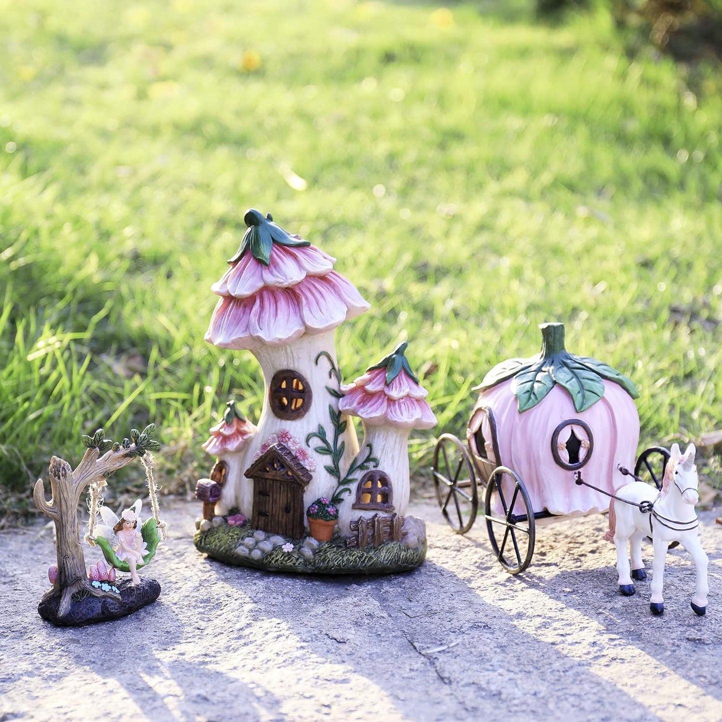 LA Jolie Muse Resin Fairy Garden - Miniature Floral Roof Cottage with Solar LED Lights, Fairy House Figurine Set of 3 with Carriage, Outdoor Decor for Patio Yard Lawn, Gifts for Mom