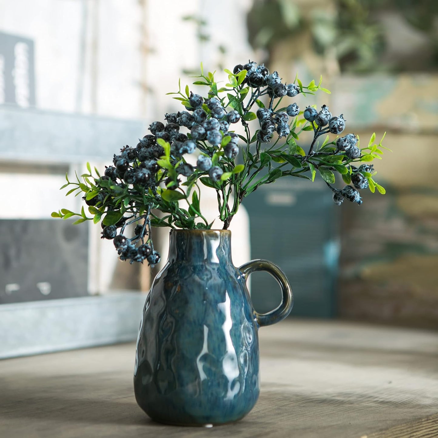 Ceramic Vase Set of 2, Blue Glazed Small Pottery Vases with Handles, Decorative Clay Vase Modern Farmhouse Decor, Centerpiece Dining Table Decorations Porcelain