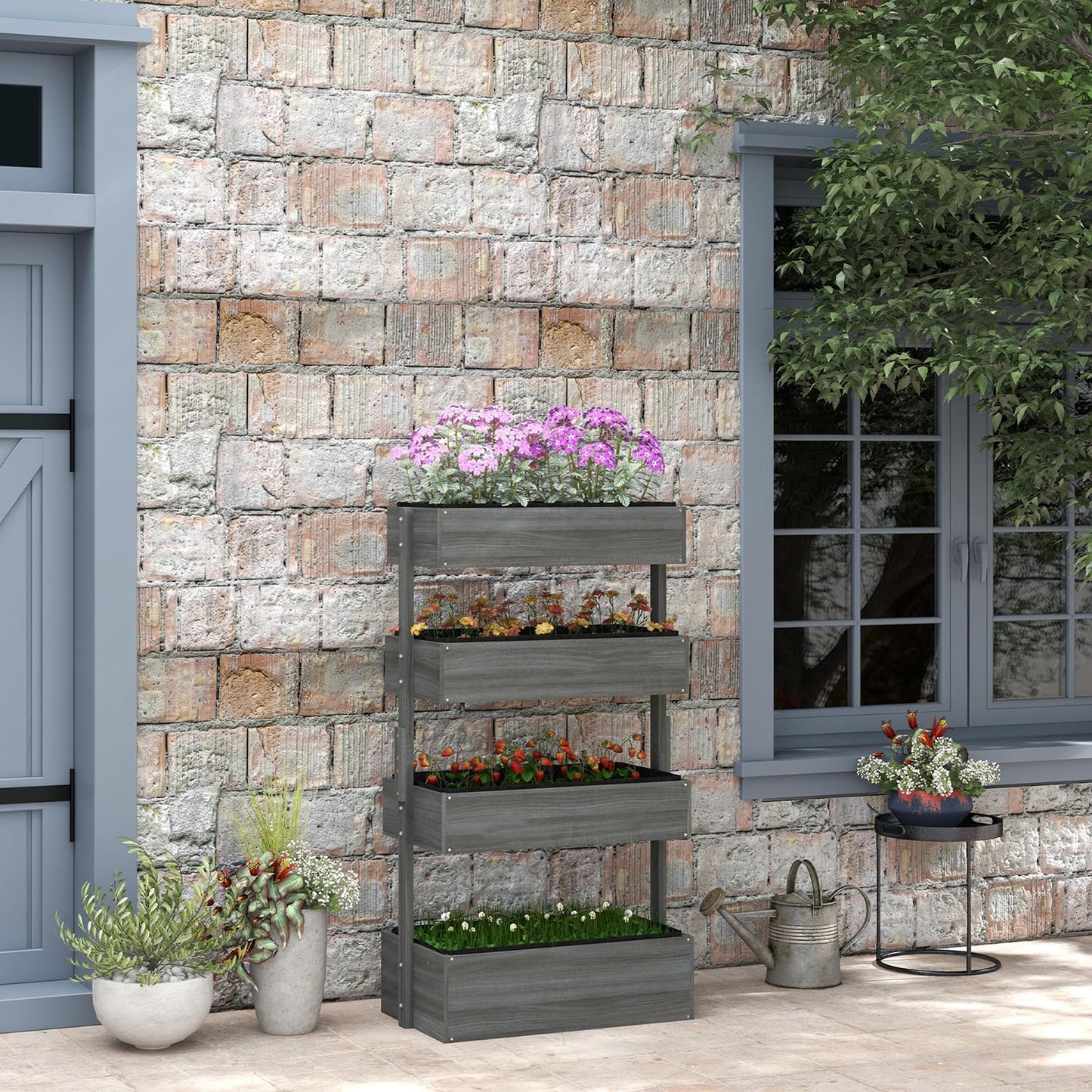 Vertical Garden Planter, Wooden 4 Tier Planter Box, Self-Draining with Non-Woven Fabric for Outdoor Flowers, Vegetables and Herbs, Gray