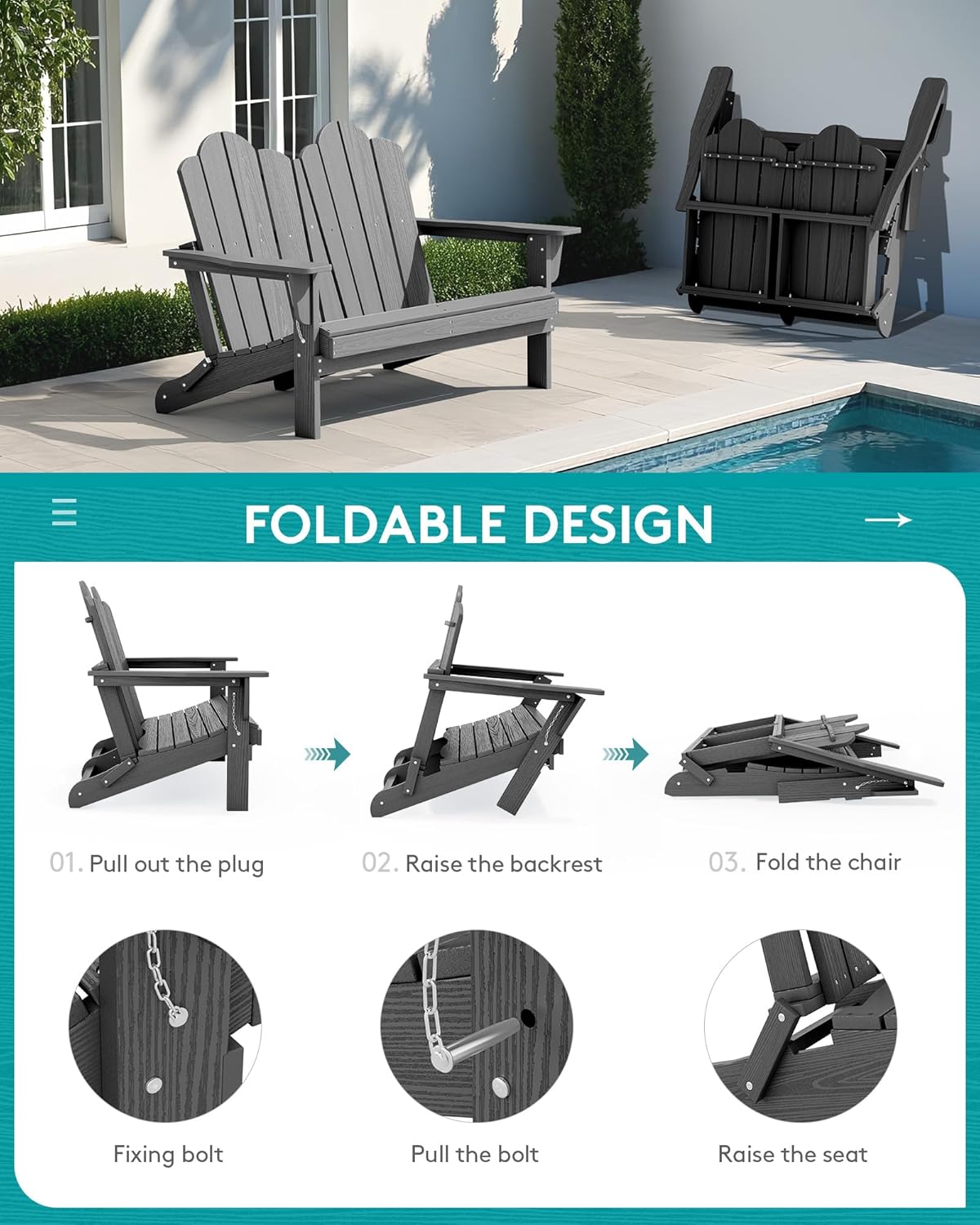 SERWALL Folding Adirondack Bench, HDPE All-Weather Adirondack Loveseat Set of 2, Grey