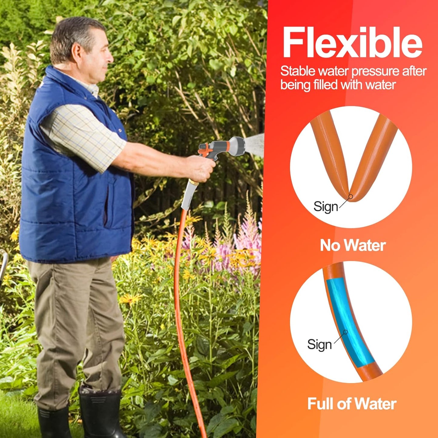 Garden Water Hose 75 ft x 5/8 in Heavy Duty, Flexible and Lightweight, Burst 600 psi, Kink-less Hybrid Rubber Pipe for Backyard, 3/4'' Brass Fittings, Orange