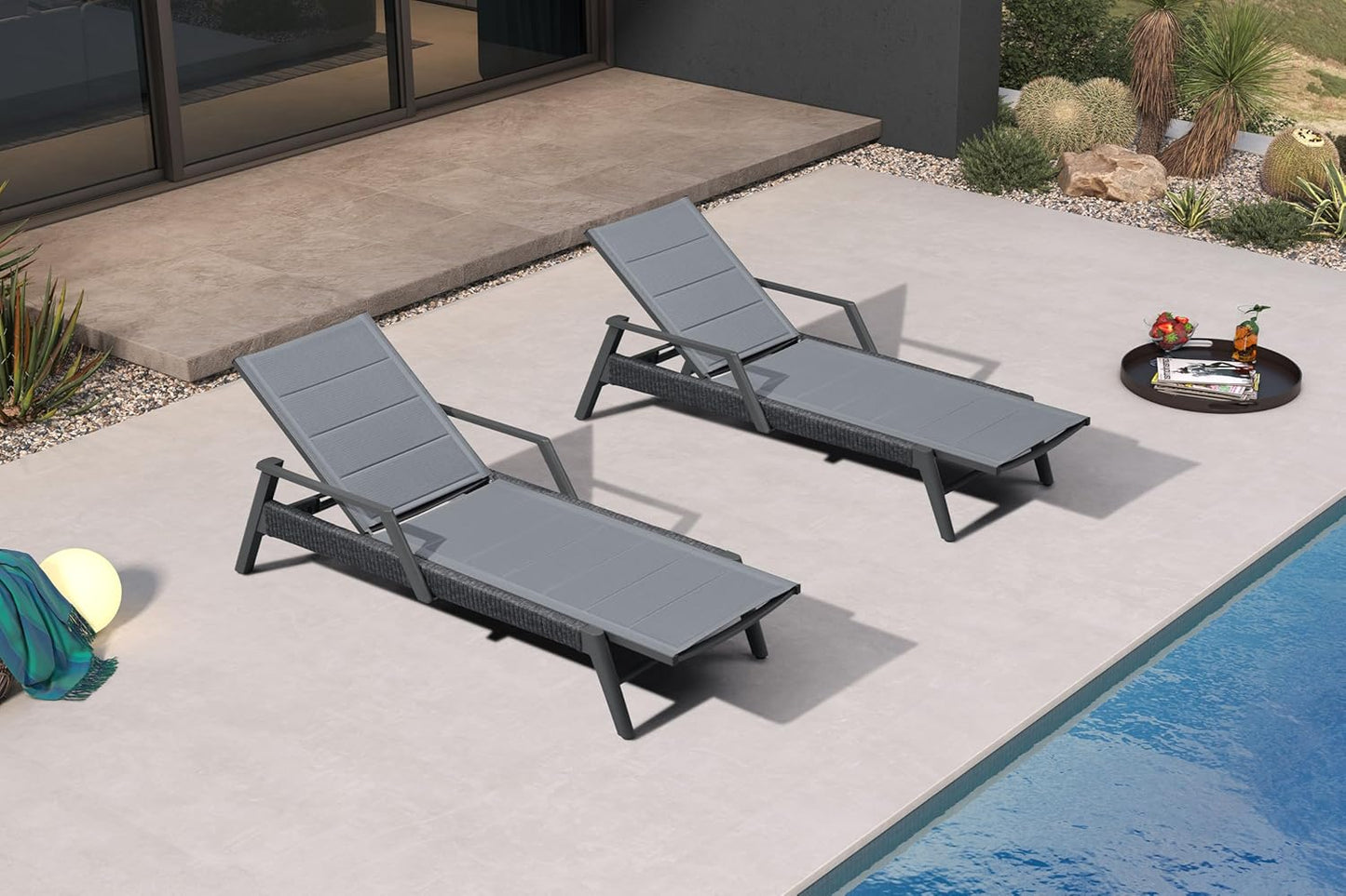 PURPLE LEAF Outdoor Chaise Lounge 2 Pieces Patio Recliner Sunbathing Tanning Chair for Poolside Balcony with Armrests Backyard Moon Basalt