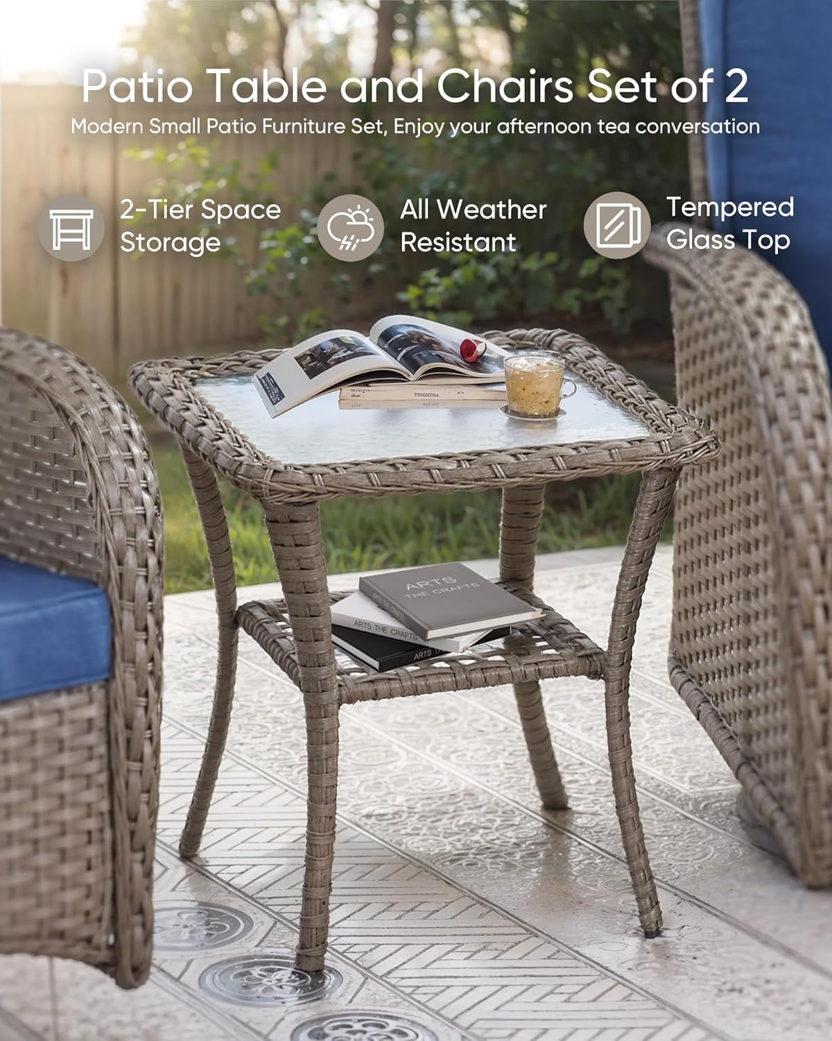 Patio Furniture-All Weather Wicker Patio Conversation Sets with Swivel Patio Chairs High Back Outdoor Couch with Swivel Rocking Chairs Outdoor Furniture for Deck Lawn Porch Balcony Poolside-Grey/Blue