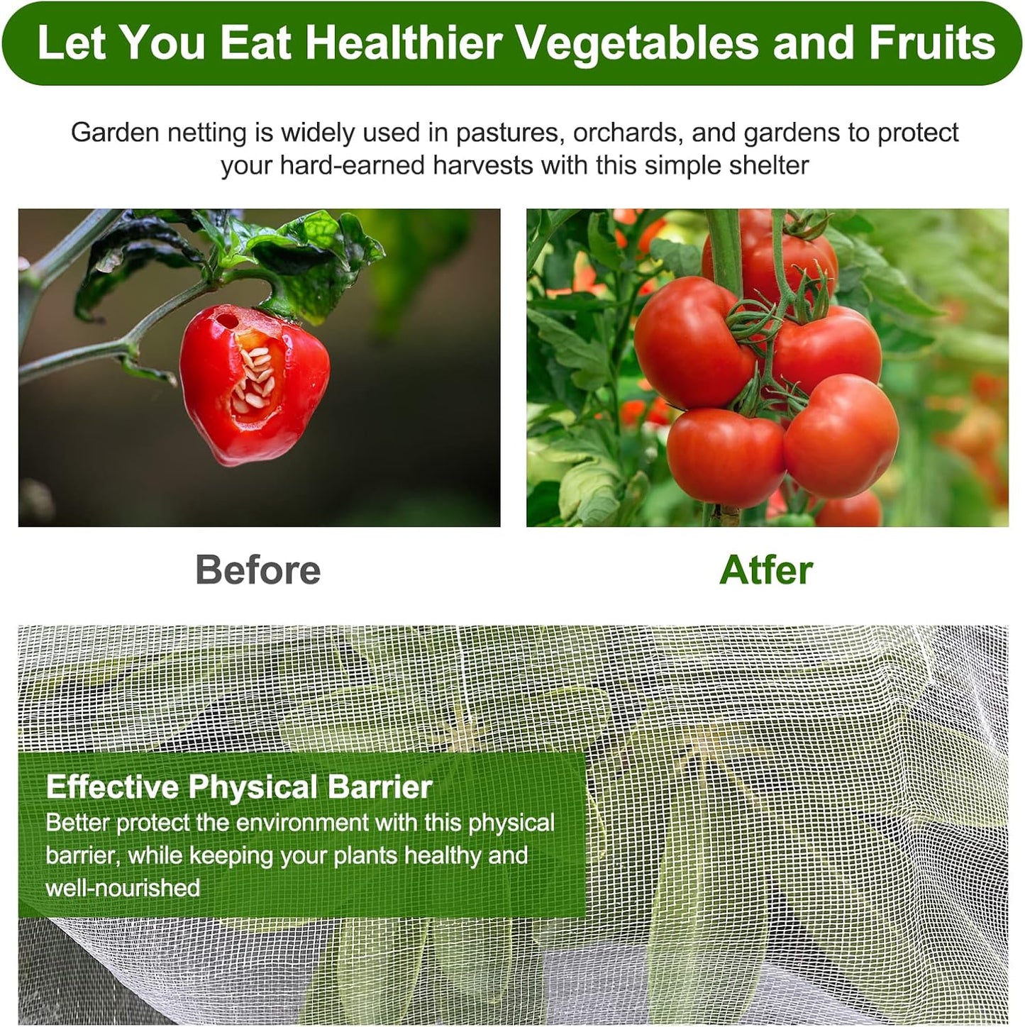 Garden Netting, Jevrench Durable Ultra Fine Garden Netting, Garden Plant Cover Row Cover Makes Plants, Vegetables, Fruits, and Flowers Grow Better (10ft x 35ft)