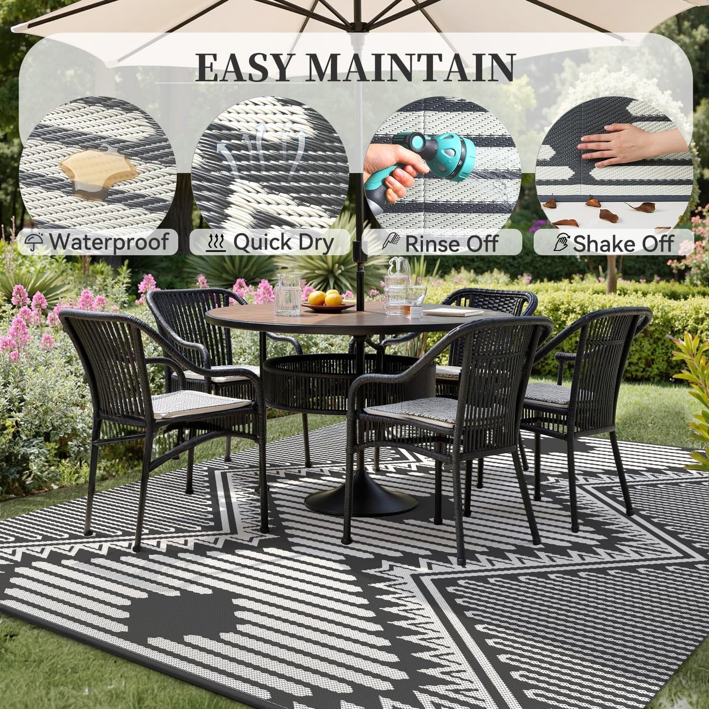 MontVoo Outdoor Rug-Waterproof Patio Rug Mat 5x8 Outdoor Carpet Mat Reversible Plastic Straw Outside Outdoor Rug for RV Camping Picnic Beach Balcony Backyard Pool Deck Porch Modern Boho Grey