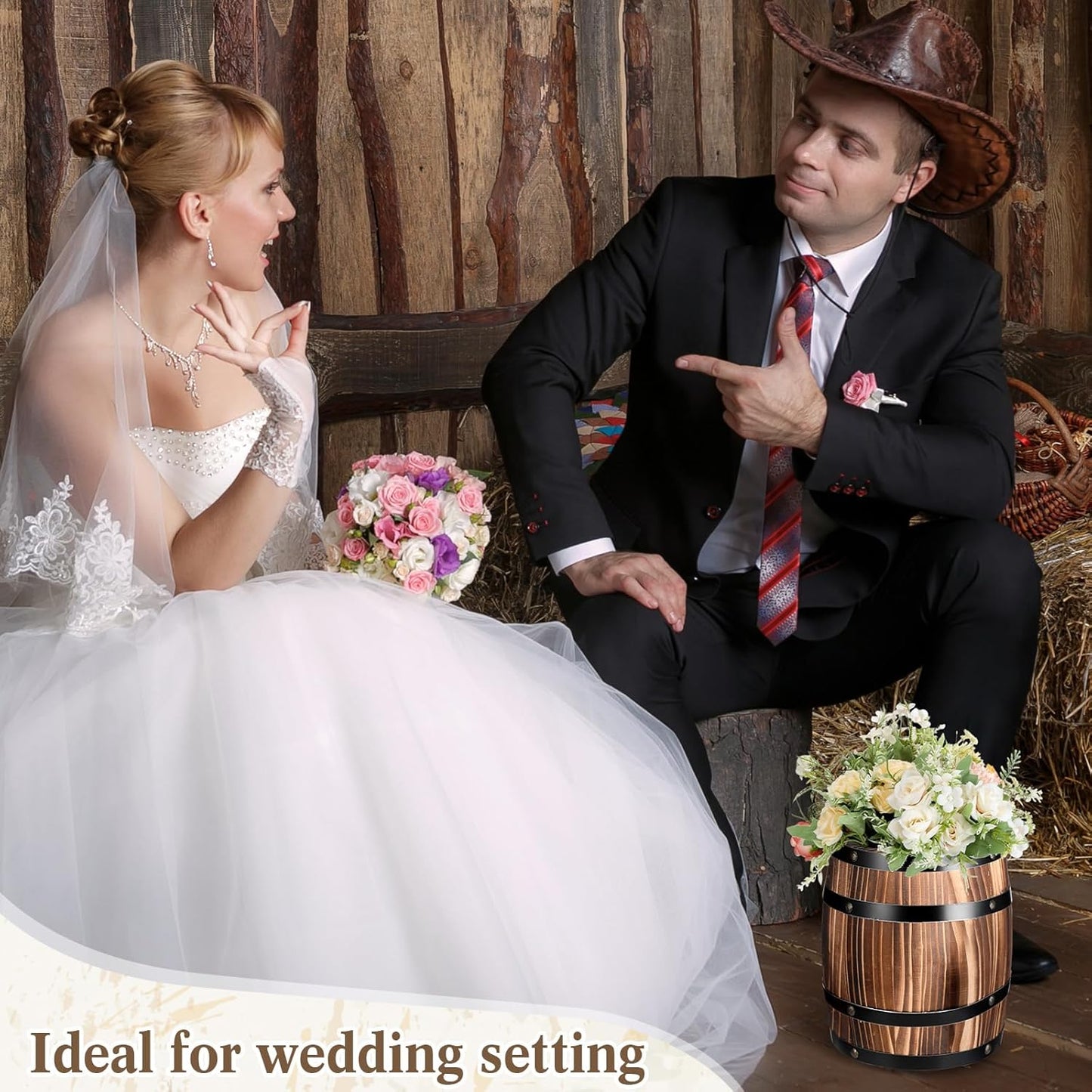 2 Pcs Wood Wine Barrel Vase 8" x 6.5" Vintage Flower Vase Container Rustic Barrel Planter for Wedding Reception Table Decoration Home Indoor Outdoor Garden Kitchen Party