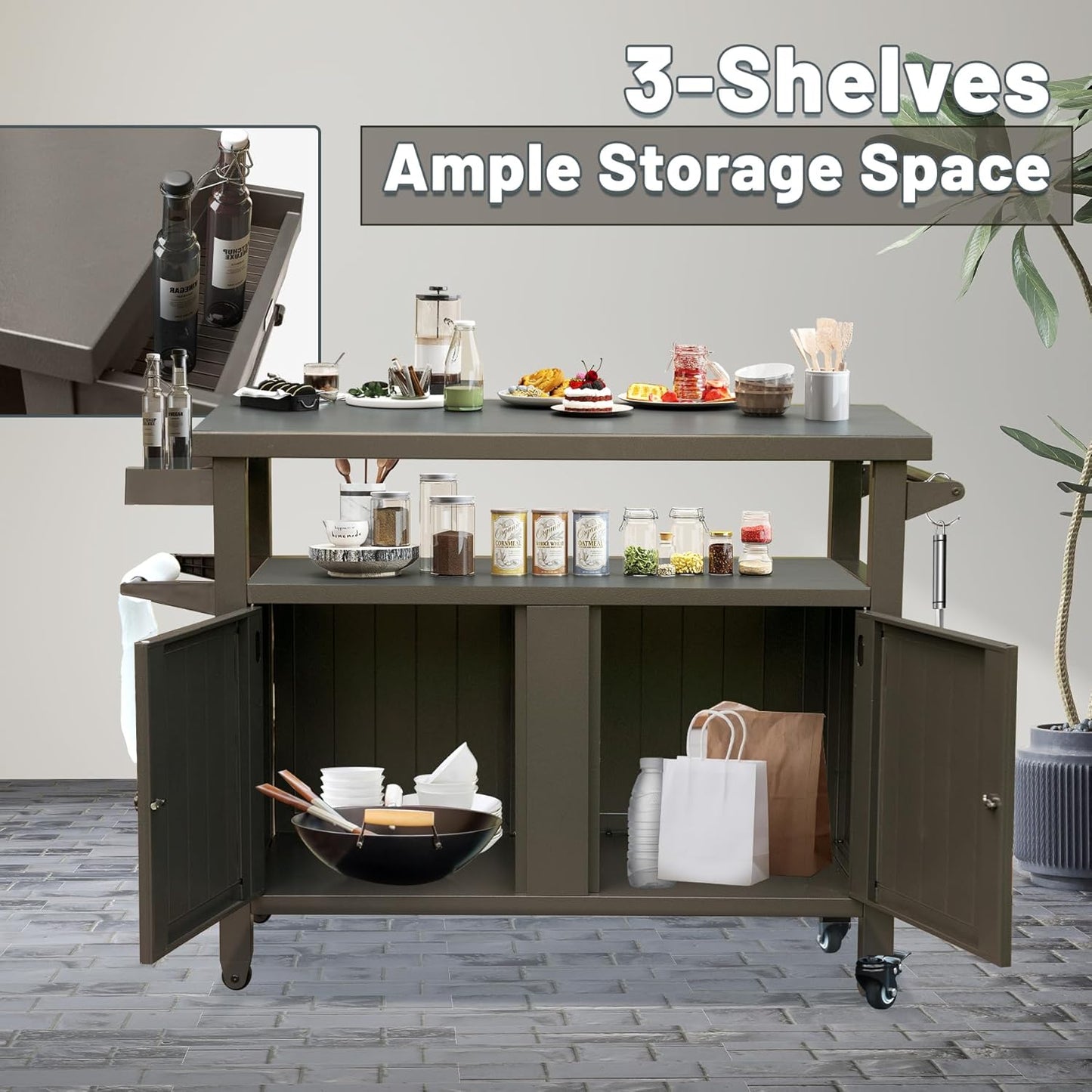 Grill Cart Outdoor with Storage Cabinet, Portable Rolling Patio Bar Cart with Wheels, BBQ Prep Table, Movable Stainless Steel Kitchen Island Dining Cart for Food/Drink/Cooking-Brown