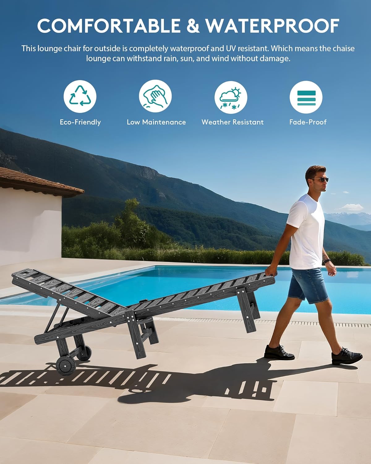 SERWALL Patio Lounge Chairs Set of 2, HDPE Outdoor Chaise Lounge with Cup Holder, 5 Positions Adjustable Pool Lounge Chair with Rolling Wheels for Poolside, Deck, Sunbathing, Grey