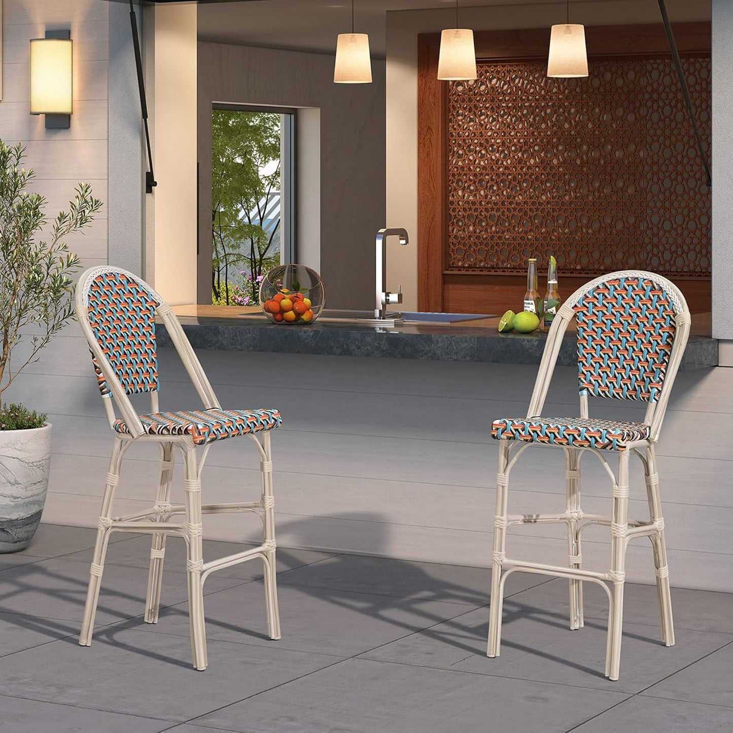 PURPLE LEAF French Bar Stool Set of 2 White Print Finish Patio Bar Stools with Back Rattan Chairs Wicker Bar Height Stool 30" with Footrest Kitchen Island Stools Outdoor Barstool Colorful