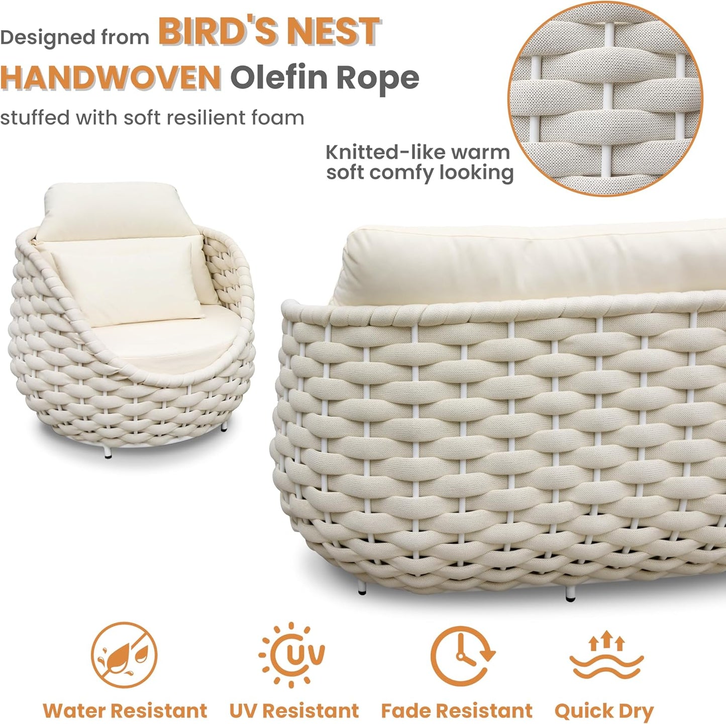 Woven Rope Outdoor Sofa Set: 6 Pieces Aluminum Patio Conversation Set Assembled - All Weather Cushioned Porch Furniture Couch - Modern Metal Lounge Set for Deck Yard Resort Hotel Sunroom, Beige