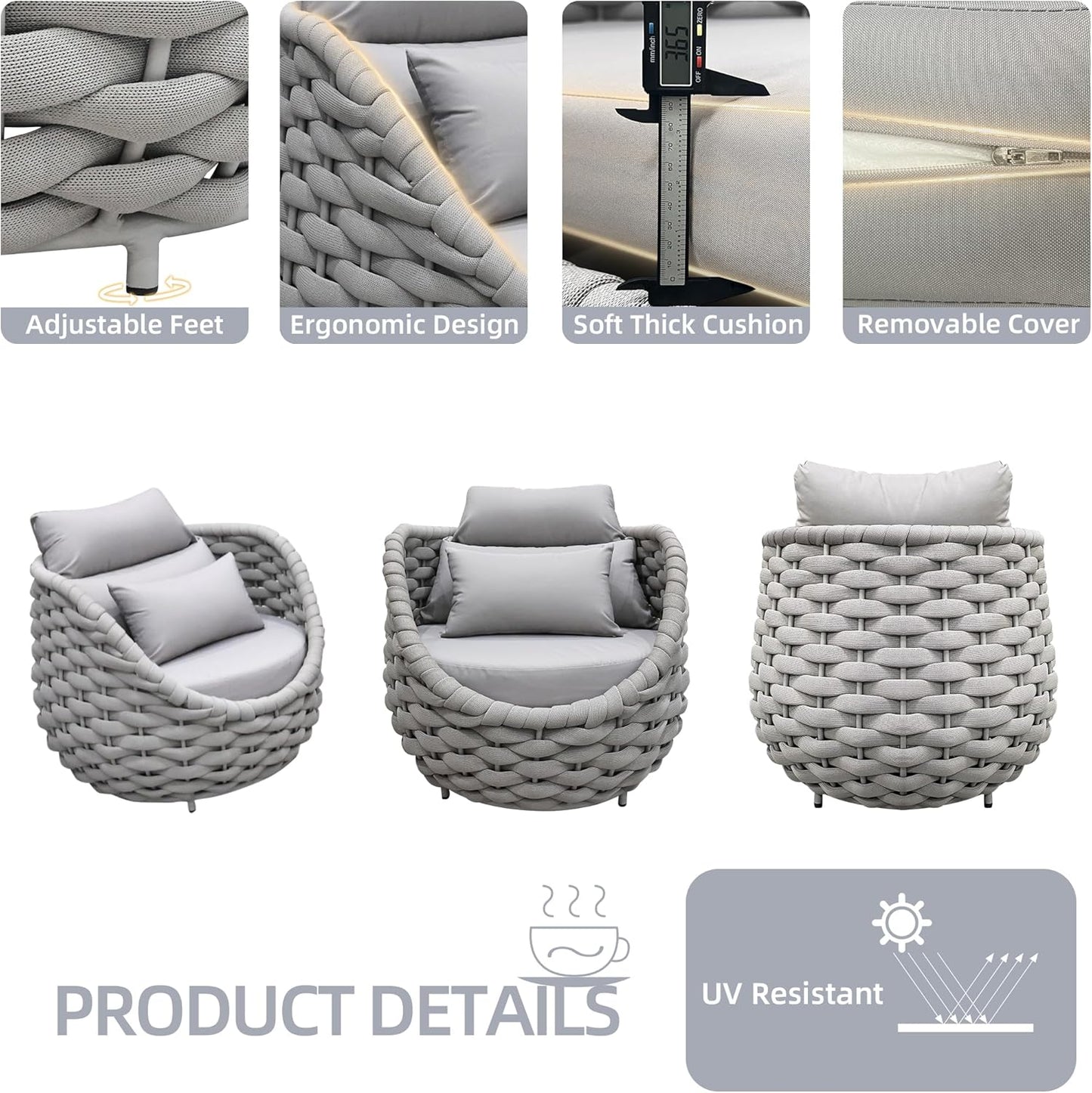 TWT Patio Sofa All-Weather Textilene Rope Balcony Furniture with Cushions & Pillows, Patio Couch Outdoor Accent Armchair Set for Patio, Balcony, Backyard, Deck, Poolside, Grey