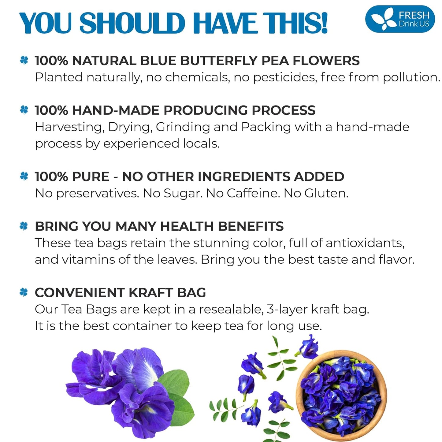 FRESHDRINKUS Premium 55 Butterfly Pea Flowers Tea Bags,100% Pure, Organic, Non GMO, Made With Organic Bags, Sugar/ Caffeine/ Gluten Free, Wildcrafted, Vegan, Handmade Product