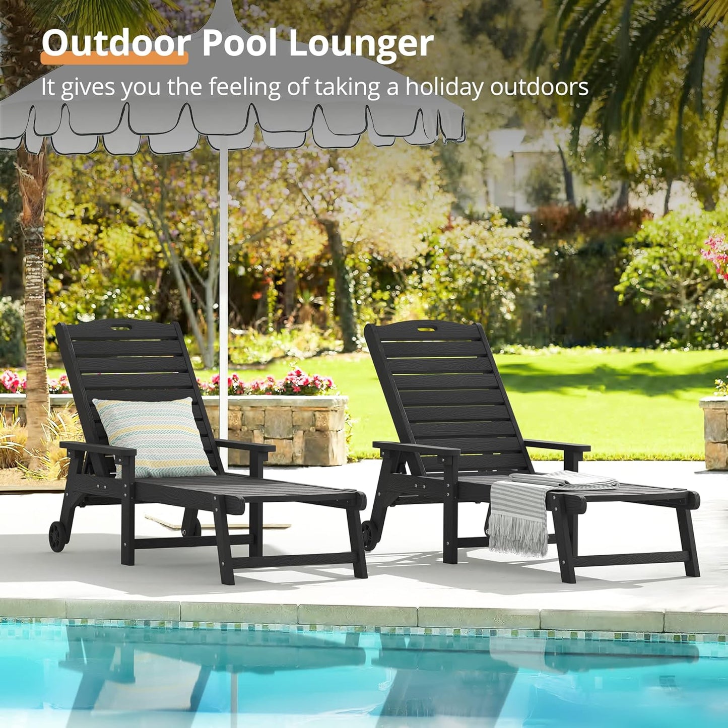 LUE BONA Chaise Lounge Chair with Table, 2-Piece,79'' Oversized HDPS Chaise Lounger, 5 Positions Adjustable Lounge Chairs, Pool Lounge Chair with Wheels for Poolside, Backyard, 3 Year Warranty, Black