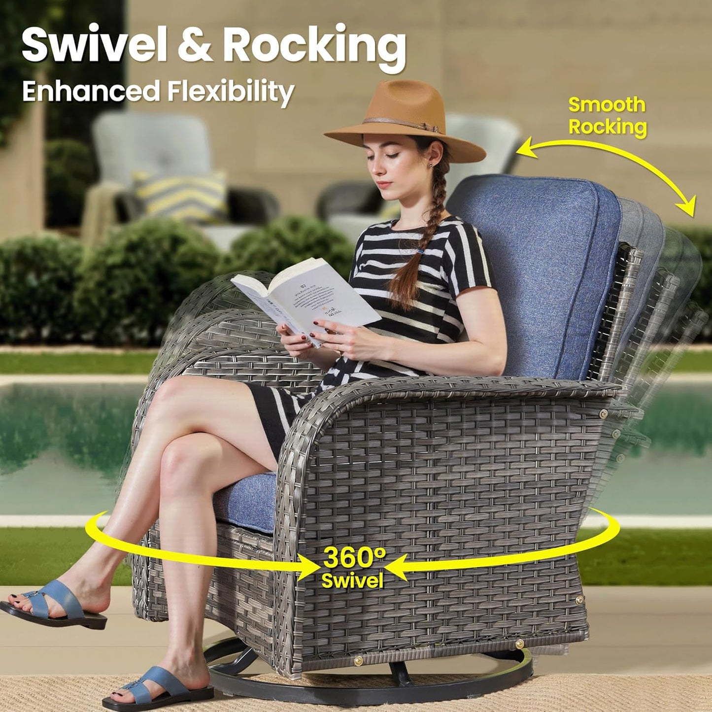 ovios 7 Pieces Patio Furniture Set, Outdoor Wicker Sofa with Swivel Chairs, Coffee Table, All Weather High Back Rattan Loveseat Couch with Comfy Cushions, Denim Blue