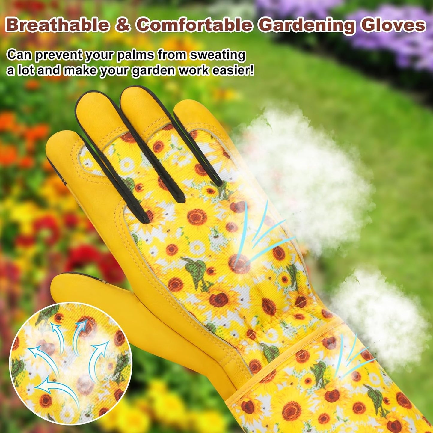 DLY Gardening Gloves for Women, Rose Gloves Gardening Thorn Proof, Long Garden Gloves for Women, Breathable Cowhide Leather Gauntlet (X-Large, Yellow