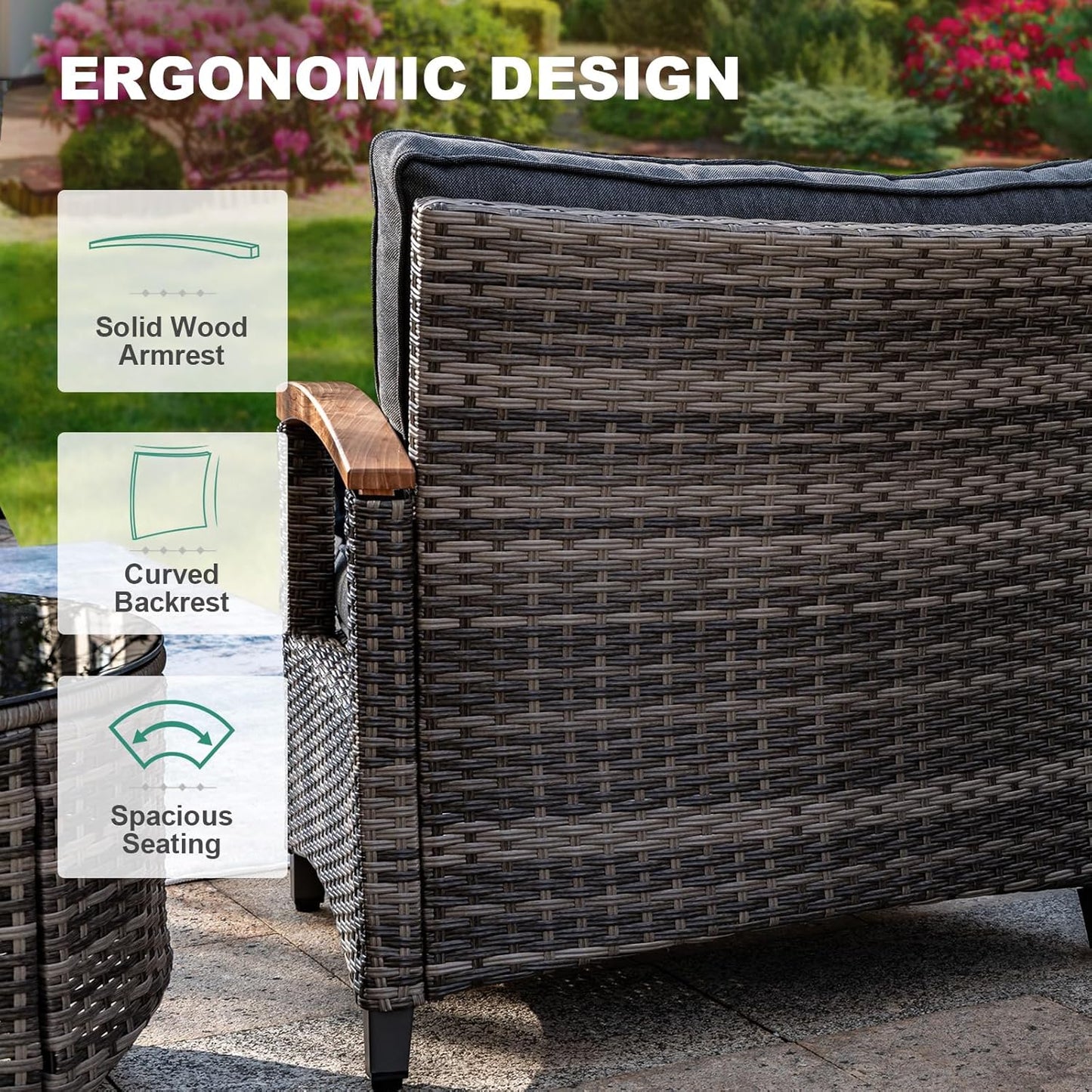 9 Piece Outdoor Patio Furniture Set, Half-Moon Curved Sectional Sofa Rattan Conversation Set with Wood Armrests, Coffee Table & Side Table（Grey）